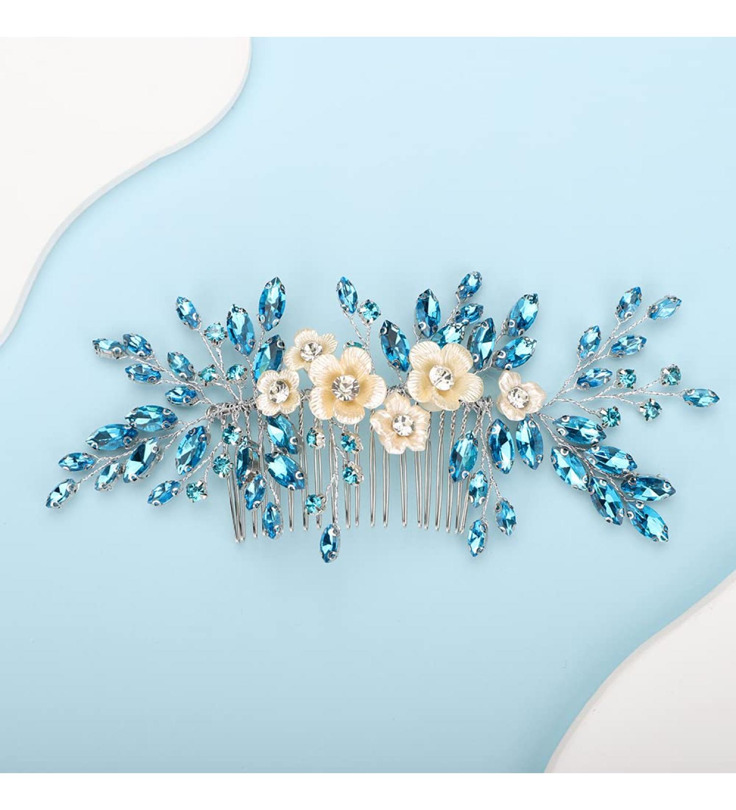 Bridal White Flower Blue Crystal Rhinestone Hair Comb for Bride - Wedding Hair Accessories - Buy Online on GoSupps.com