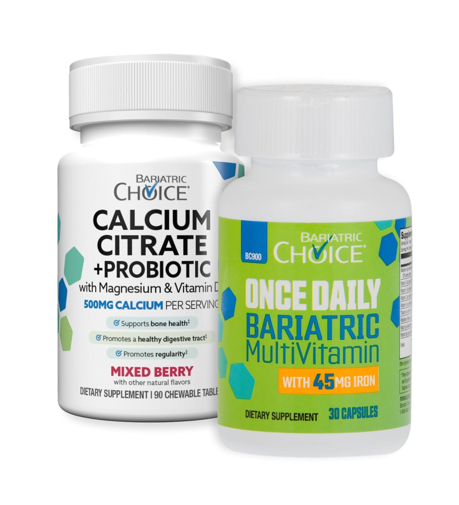 Bariatric Choice Multivitamin & Calcium Bundle (1-Month Supply) | 45mg Iron Multivitamin + 500mg Calcium Citrate with D3 & Probiotics | 30 Capsules + 90 Berry Chewables for Bariatric Surgery Patients - Buy Online on GoSupps.com