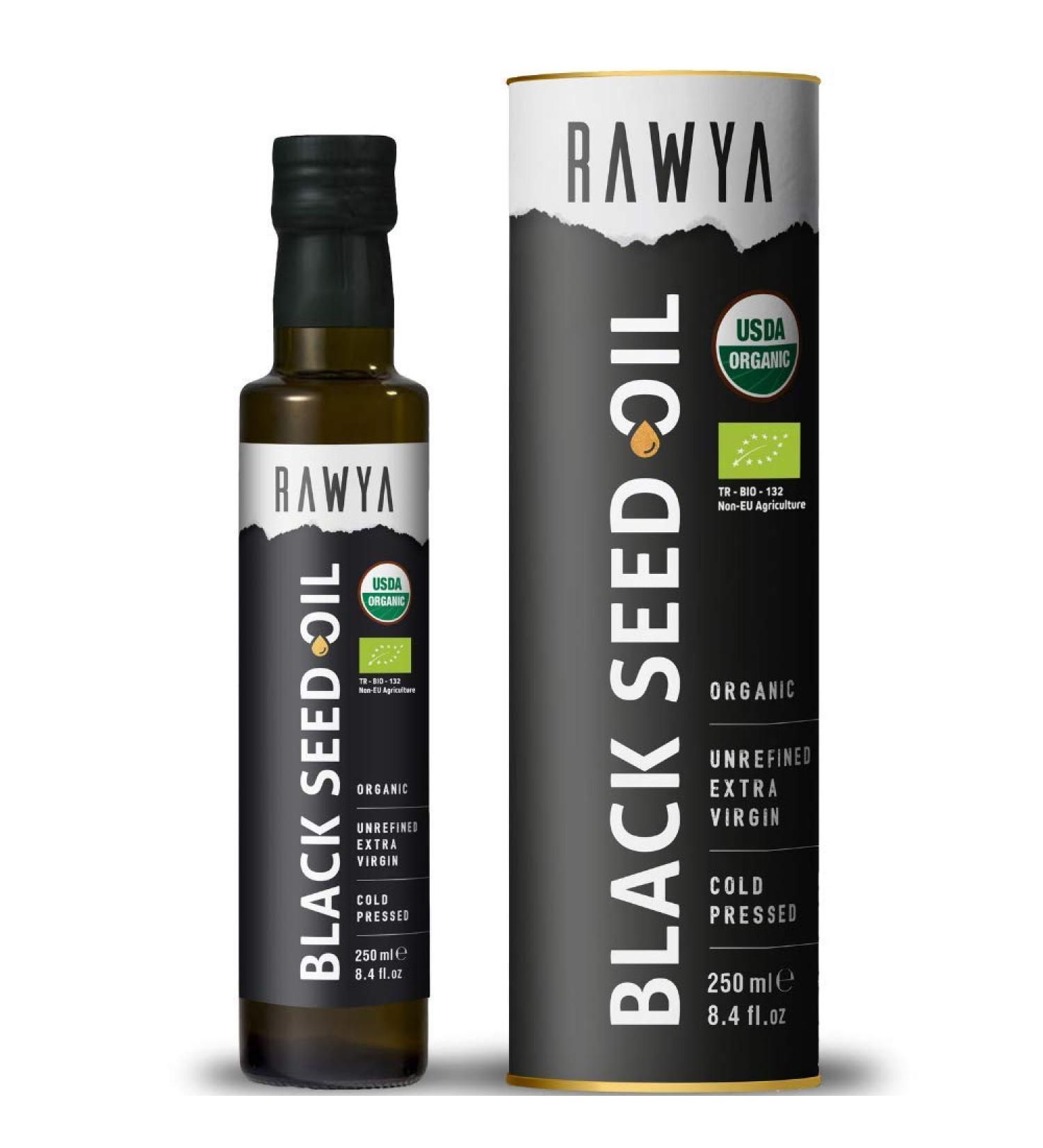 Organic Black Seed Oil 8.4 Fl Oz by RAWYA - Extra Strong Taste, High TQ, Cold Pressed - Glass Bottle Nigella Sativa Oil - Non-GMO Black Cumin Seed Oil (Kalonji Oil) - Buy Online on GoSupps.com