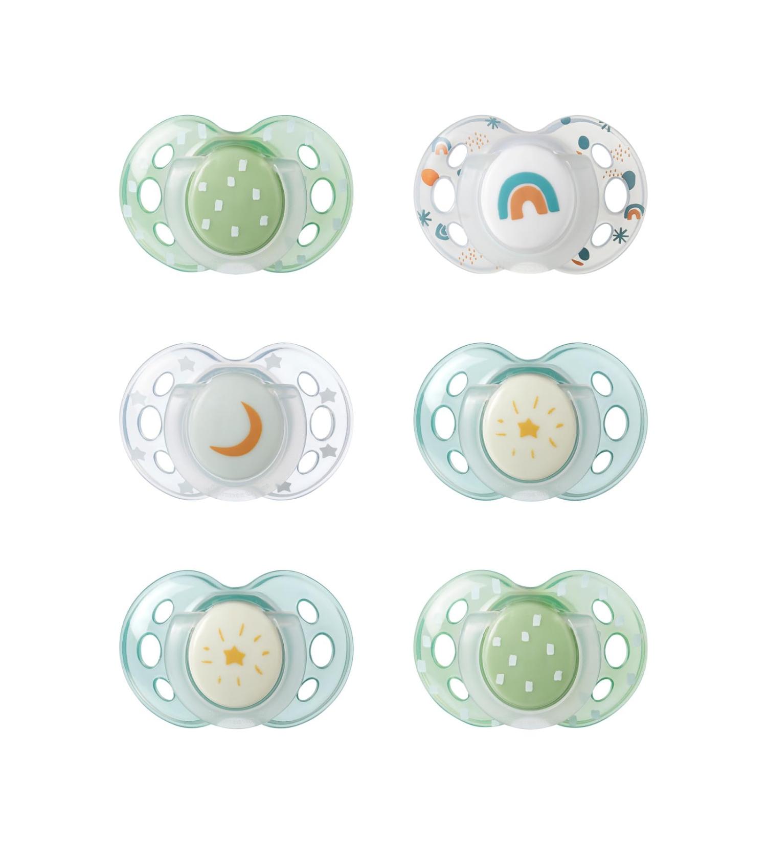 Tommee Tippee Nighttime soother 18-36 months 6 pack of glow in the dark soothers with symmetrical silicone baglet Pink Night - Buy Online on GoSupps.com