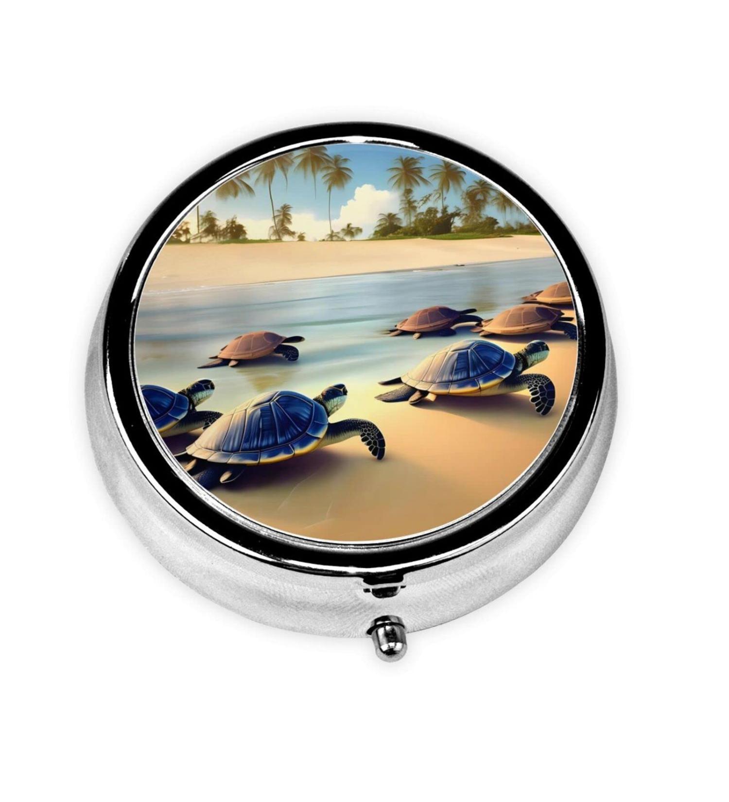 Buy Turtles On The Beach Round Pill Box - 3 Compartment Travel Organizer | Portable Pill Box for International Shipping - Buy Online on GoSupps.com