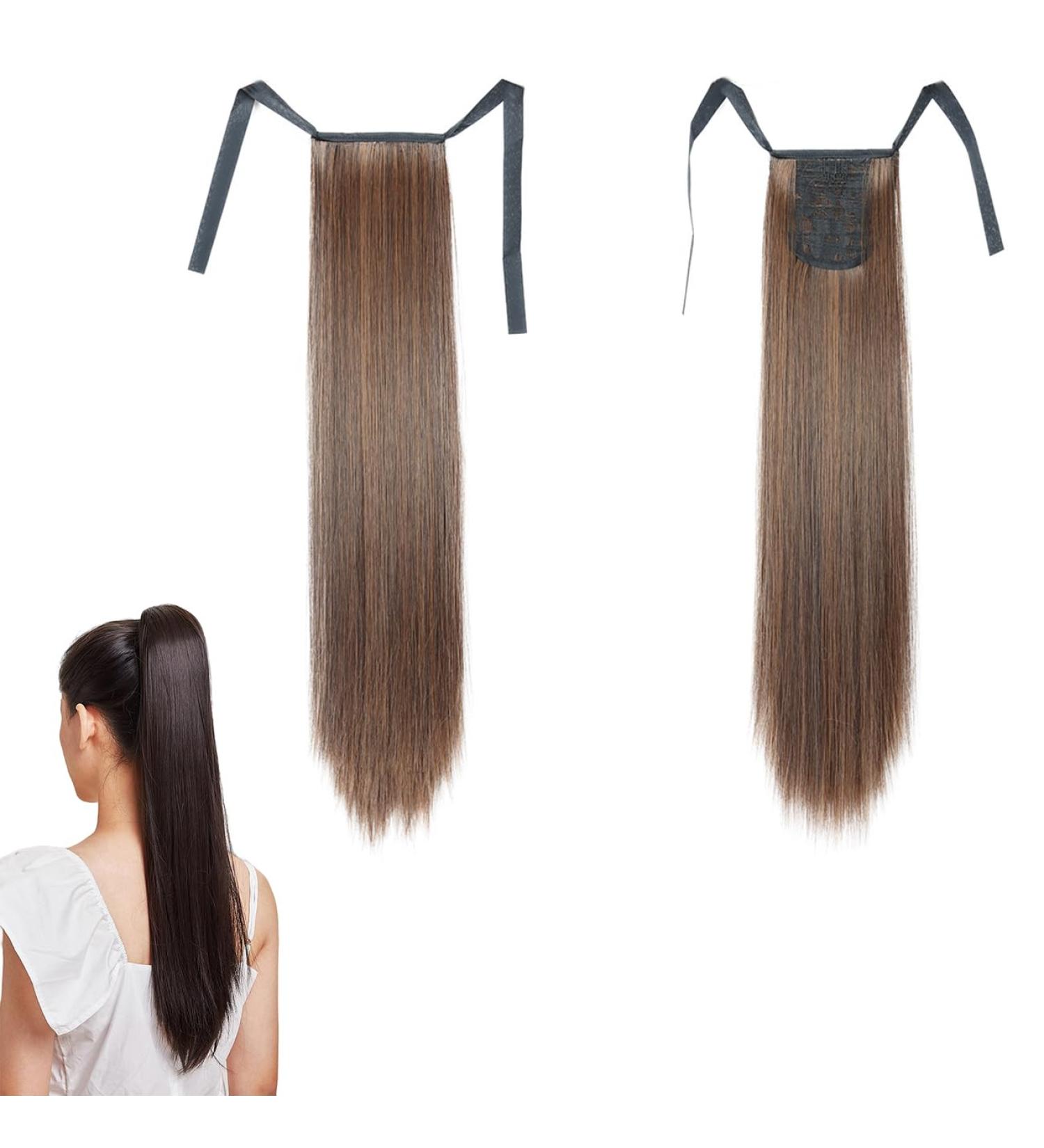 Clip In Ponytail Hair Extension - Ombre Brown Straight Wrap Around Synthetic Hairpiece for Women | 22 inch - GBMW046 - Buy Online on GoSupps.com