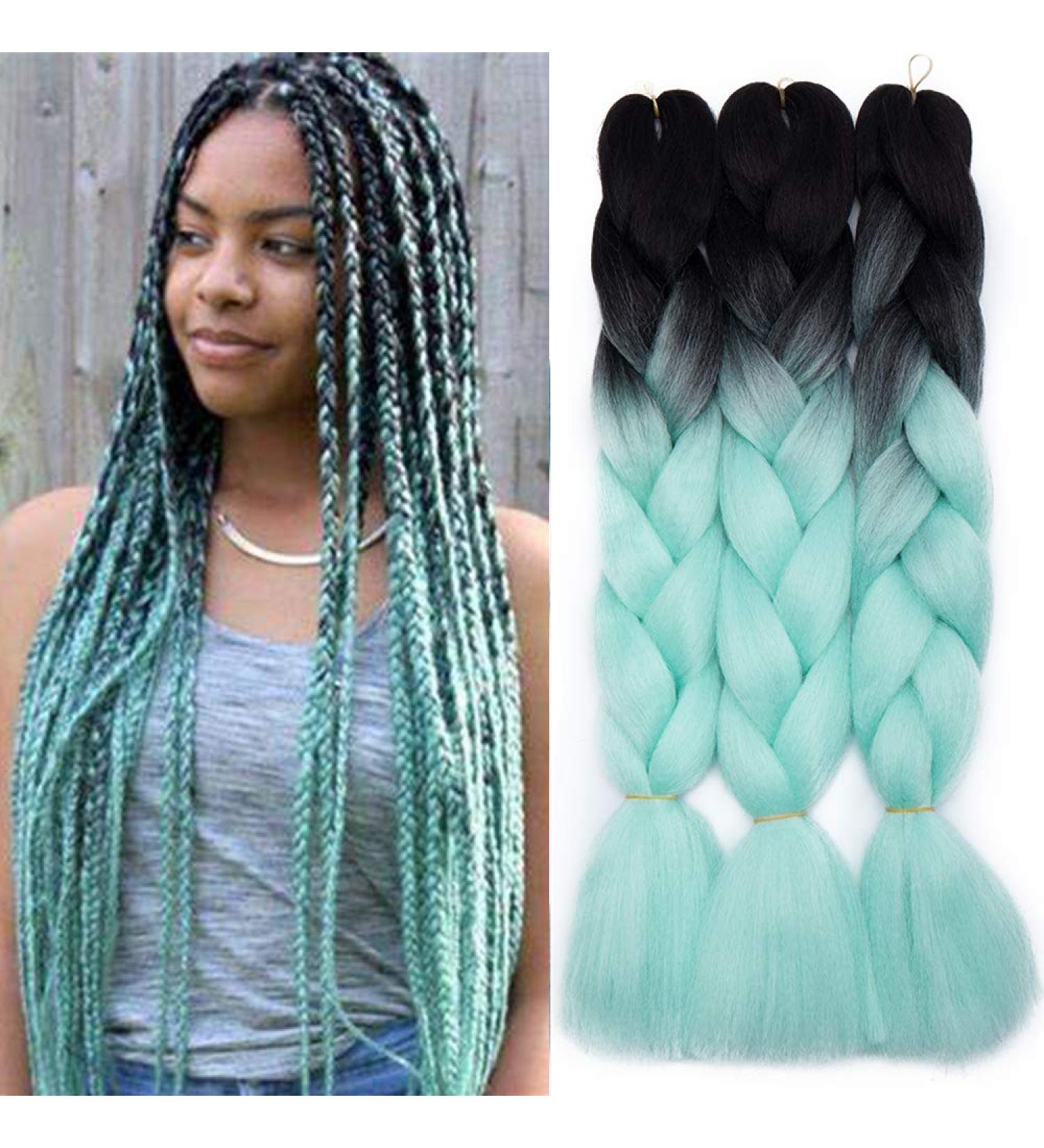 Tess Braids Extensions 60 cm - 3 Pack Jumbo Kanecalon Hair Braids for Box Braids - Ombre Black/Light Green - 100g Bundle - Buy Online on GoSupps.com