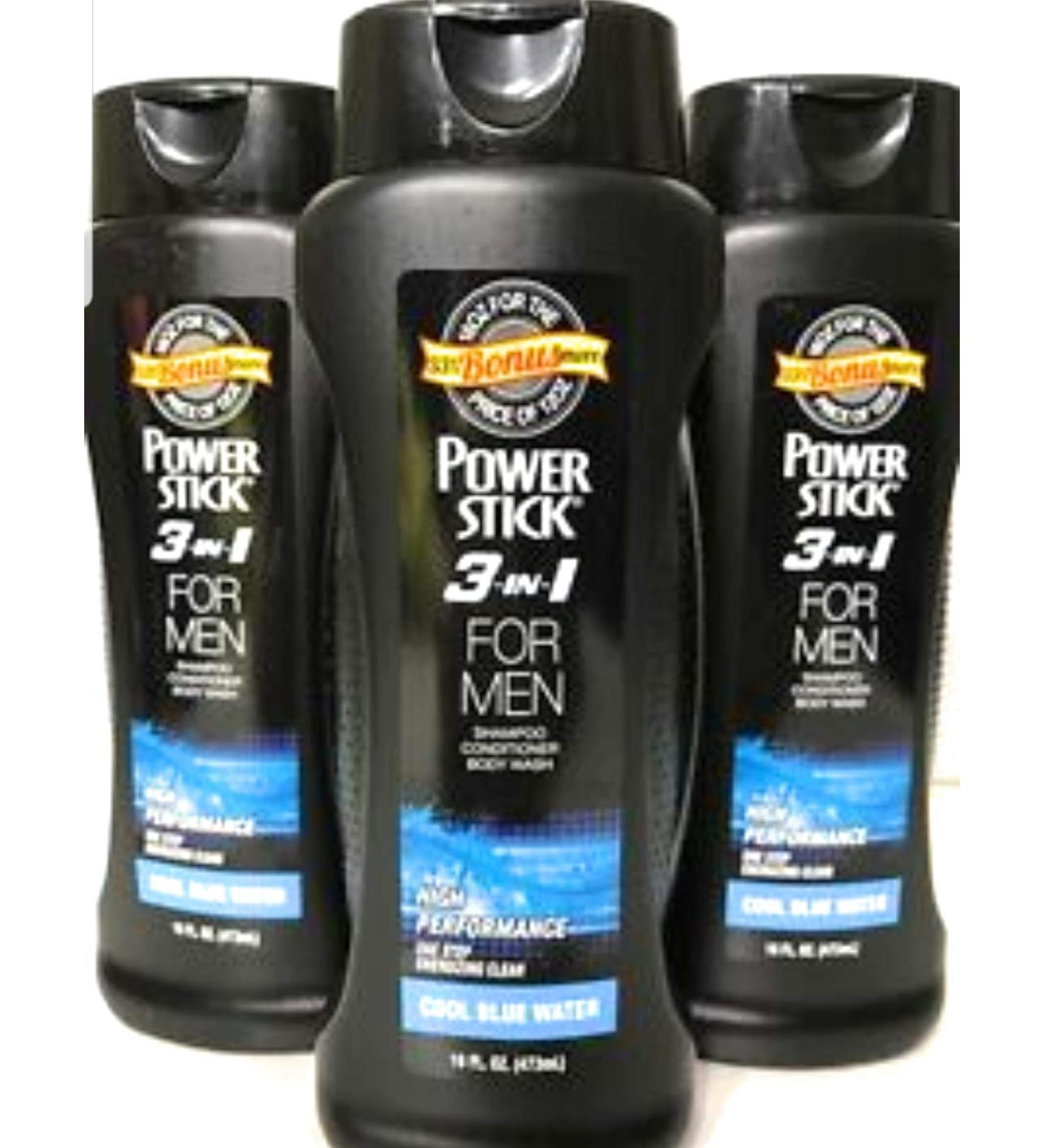 3 pack of PowerStick 3-in-1 Body Wash Shampoo and Conditioner for Men Cool Blue Water