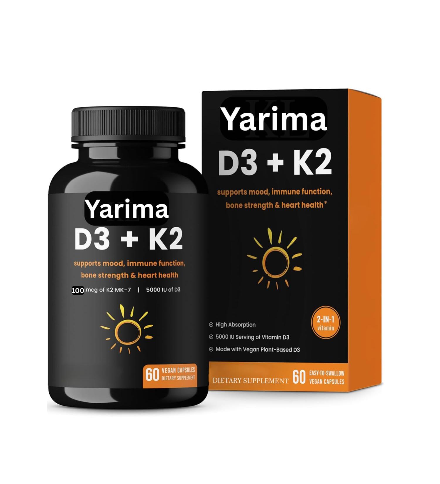 Yarima Vitamin D3 + K2 with Coconut Oil Vegan Vitamin D3 5000 IU & MK7 Vitamin K2 100 mcg Bone Heart & Immune Support 60 Capsules - Buy Online on GoSupps.com