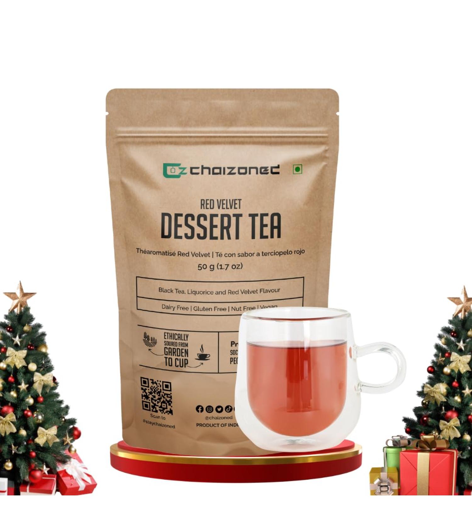 CHAIZONED Christmas Red Velvet Black Tea | High Caffeinated Holiday Tea | Premium Loose Leaf Tea Blend with Black Tea Leaves Liquorice & Red Velvet Flavor | Make Hot or Iced Tea & Brews upto 25 Cups - 50g (1.7 oz) - Buy Online on GoSupps.com