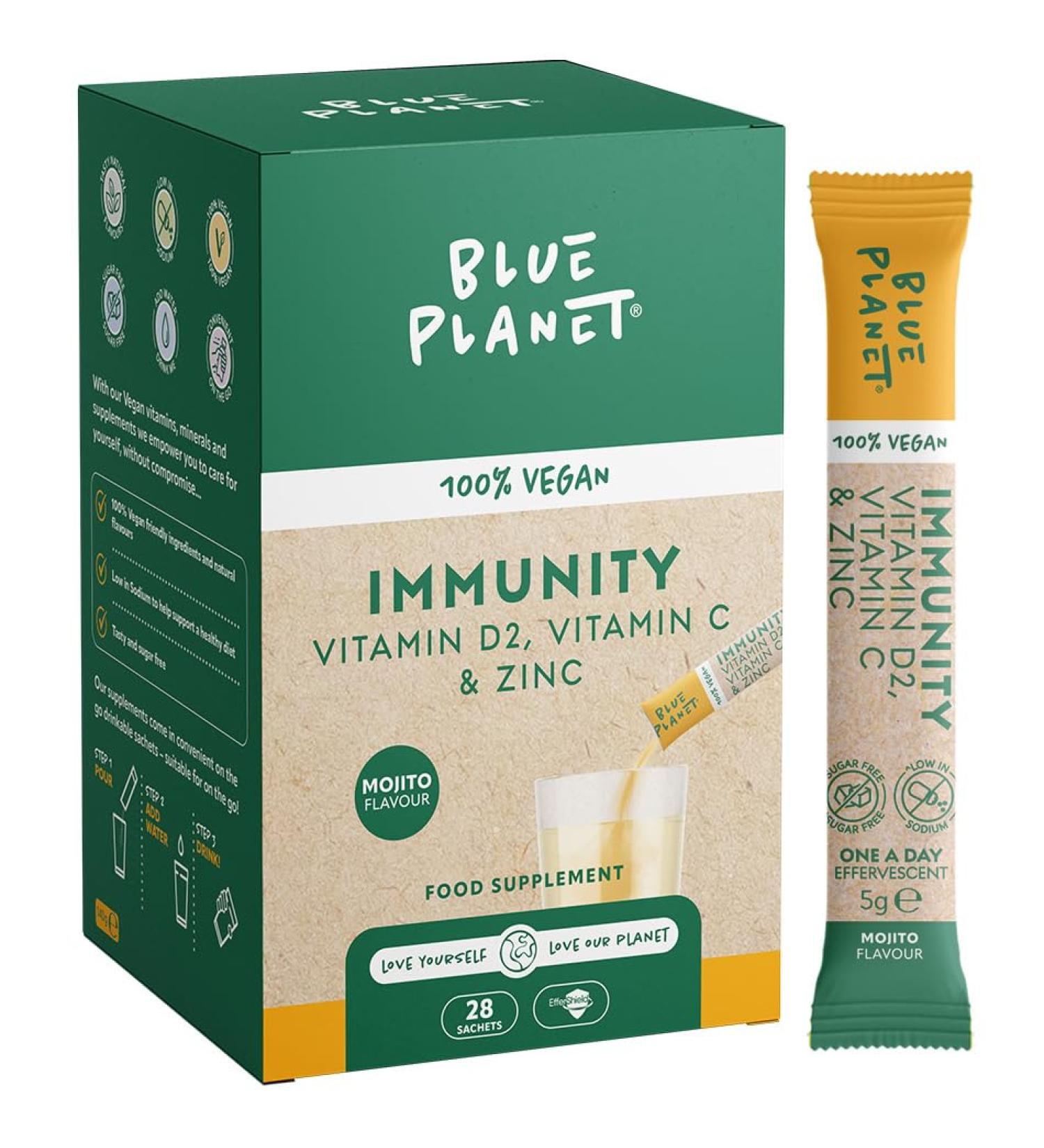 Immunity - Vitamin D2 Vitamin C + Zinc Effervescent from Blue Planet 100% Vegan with Vitamin D2 not Vitamin D3 Made in UK. (140 g Mojito) 28 Sashets. Mojito 5 g (Pack of 1) - Buy Online on GoSupps.com