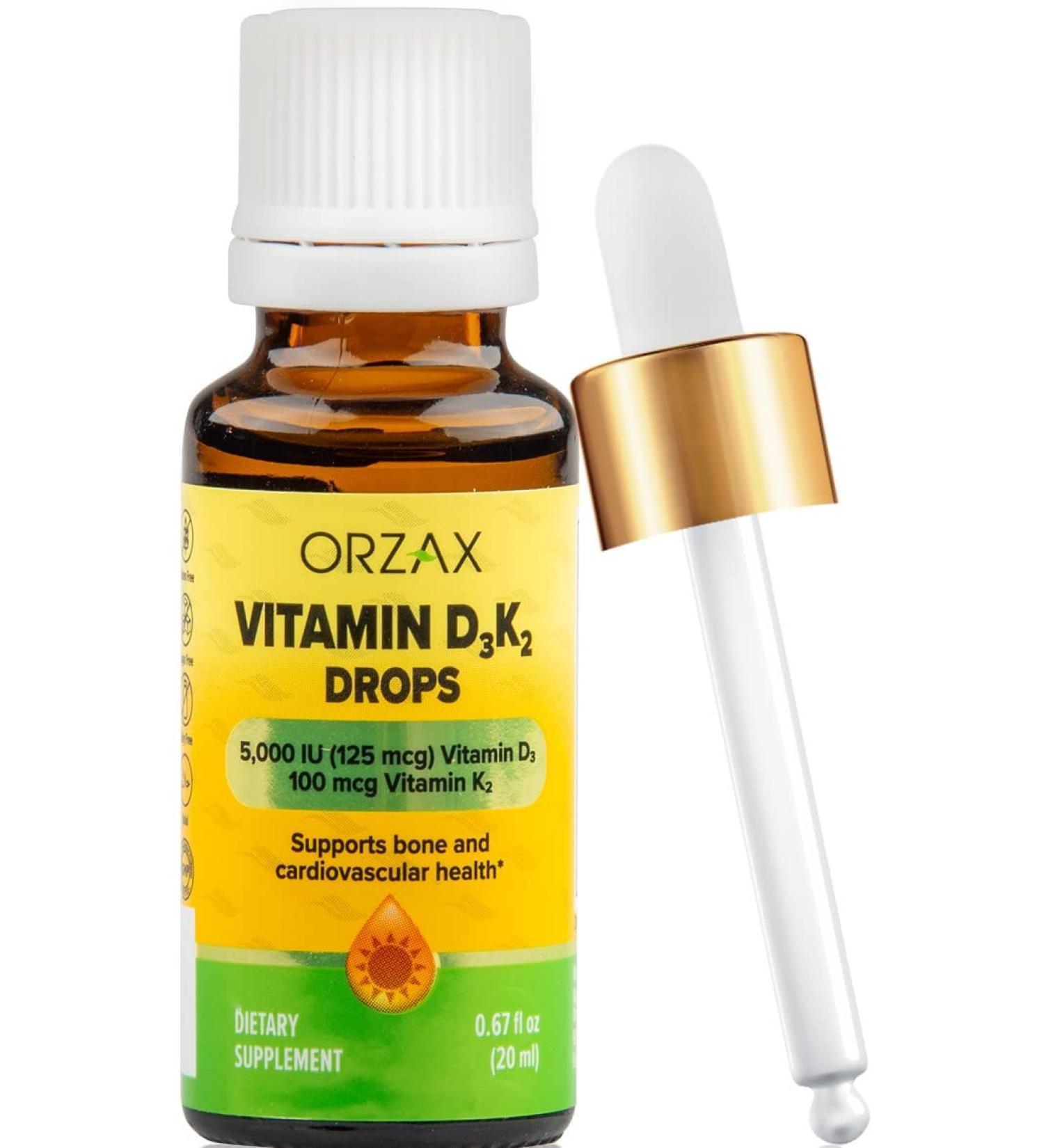 ORZAX Vitamin D3 K2 Drops 5000 IU MK-7 - 60 Days Supply - Bone, Muscle, Heart Health - Immune System Boost - Gluten-Free - 0.67 fl Oz - Buy Online on GoSupps.com