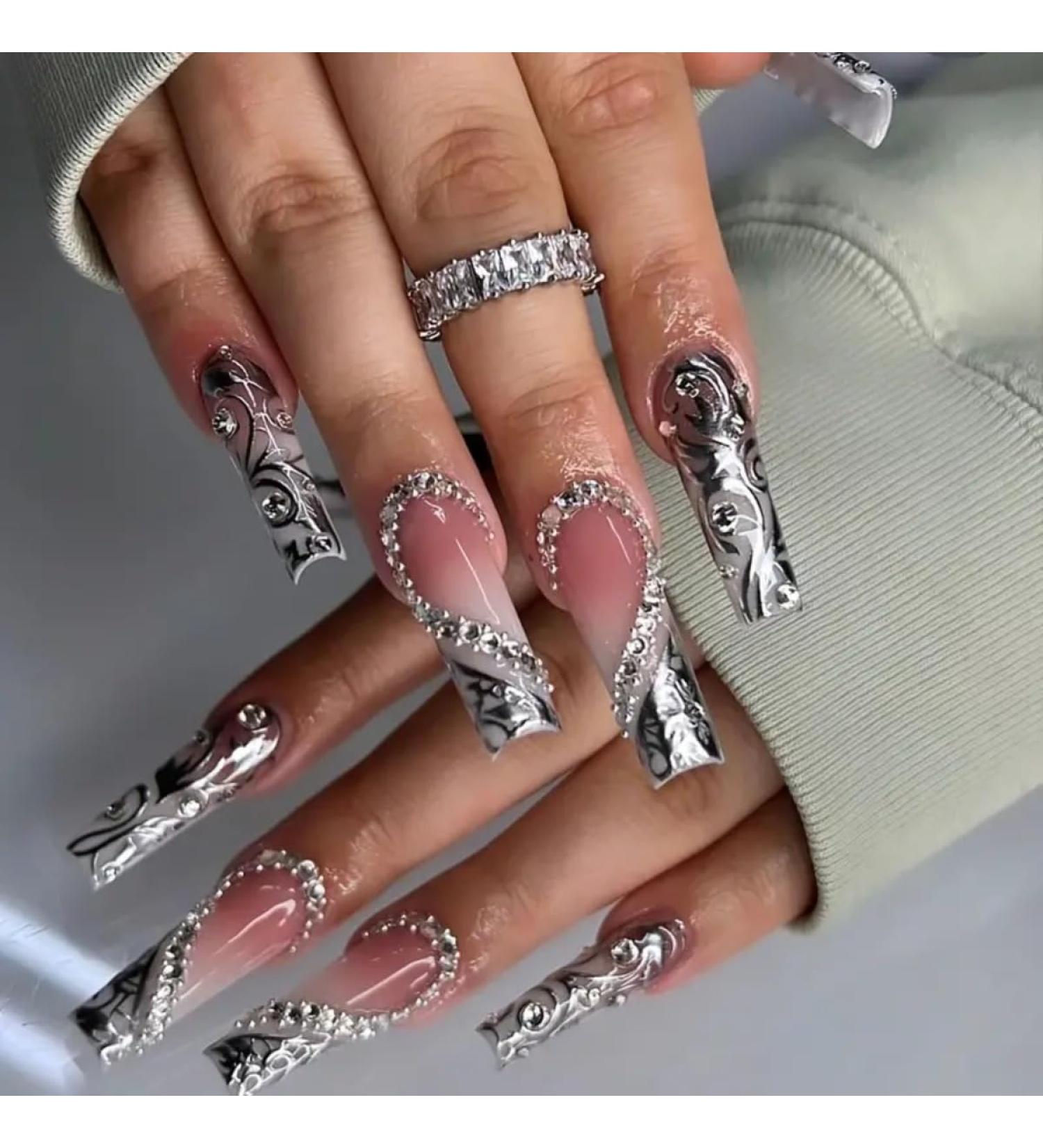 Elegant Black French Press on Nails with Rhinestones - 24 Pcs Long Square Acrylic Glue-on Nails | 3D Heart & Glitter Design for Stylish Manicure - Buy Online on GoSupps.com