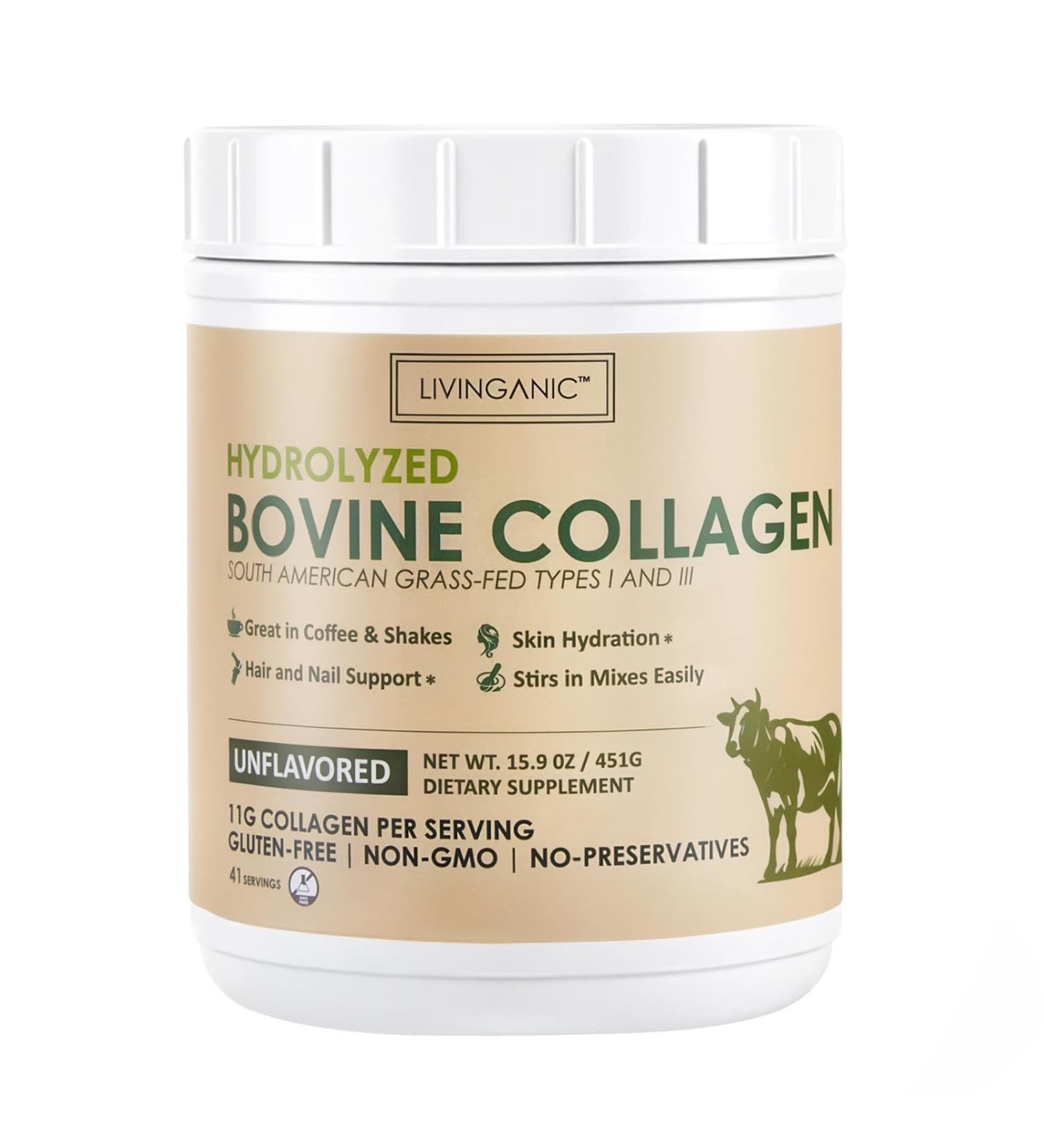 LIVINGANIC Collagen Peptides Powder Unflavored 15.9oz, Hydrolyzed Bovine Collagen 41 Servings Types I & III, Grass-Fed, Pasture-Raised Protein, Zero Sugar Supplement - Buy Online on GoSupps.com