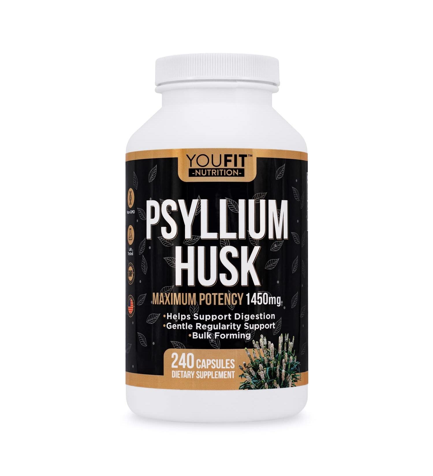 YouFit Psyllium Husk Capsules - 1450mg Soluble Fiber Supplement for Intestinal Health - 240 Capsules - Buy Online on GoSupps.com