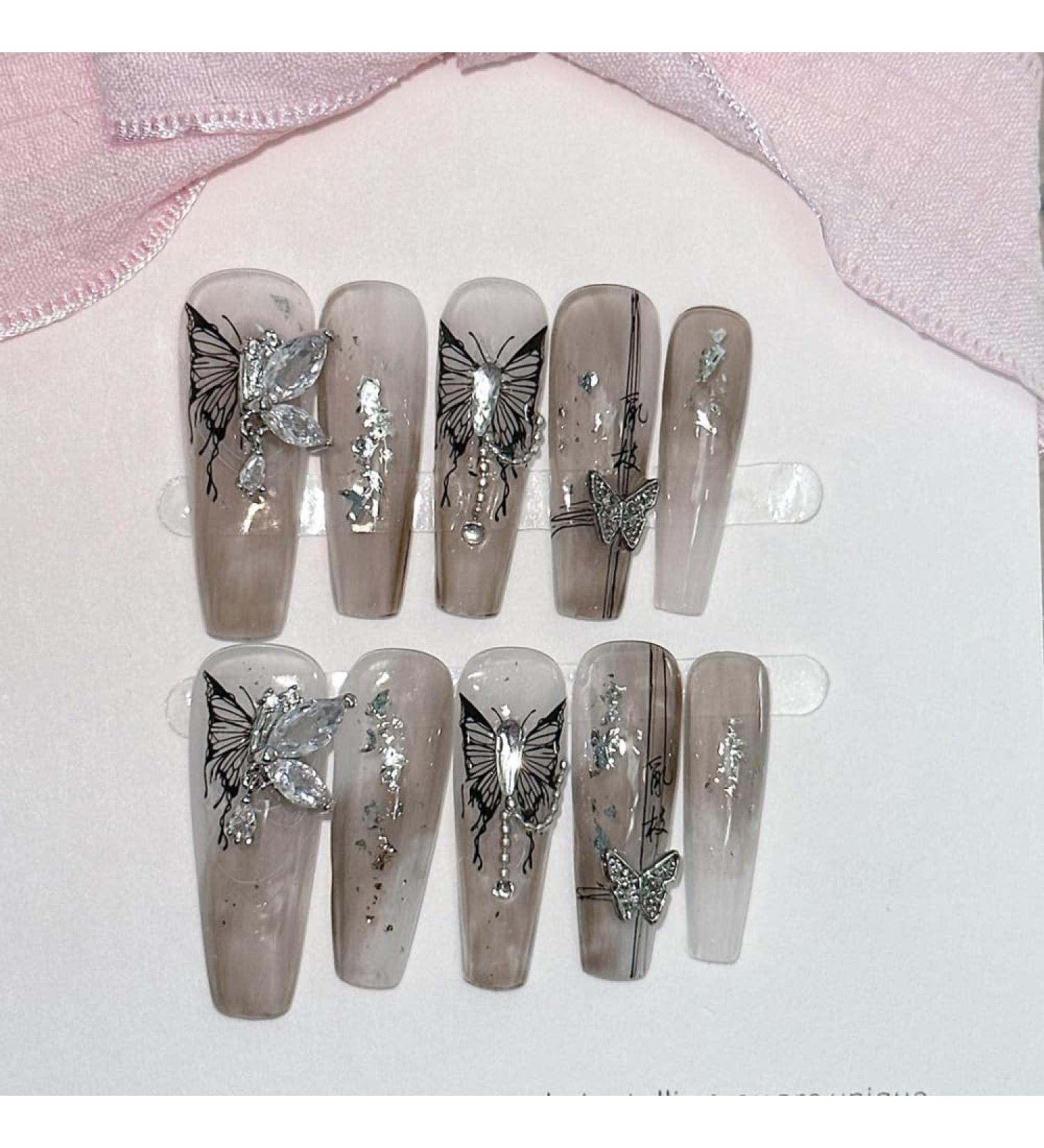 Handmade butterfly long ladder for wearing nails fake nails manicure patches finished products(Size:XS)