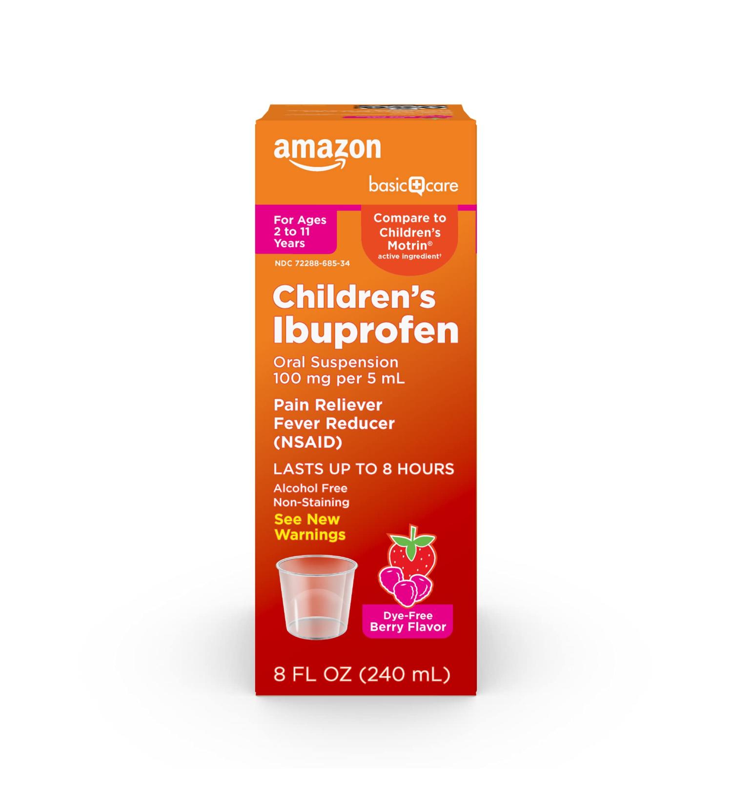 Amazon Basic Care Children's Ibuprofen Oral Suspension 100 mg/5mL Pain & Fever Relief Berry Liquid Medicine 8 Fl Oz - Buy Online on GoSupps.com