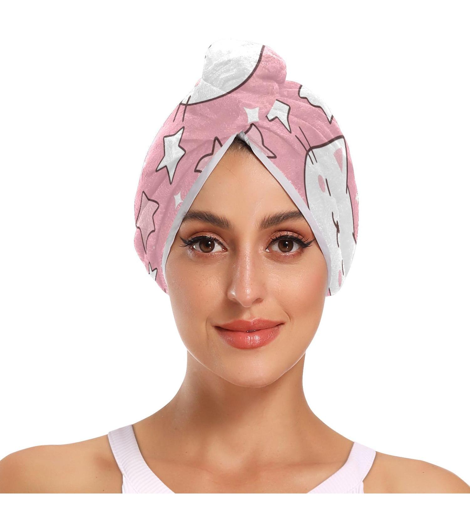 White Cat Head Stars Hair Towel 2 Pack | Super Absorbent Quick Dry Hair Turbans for Women & Girls - Buy Online on GoSupps.com