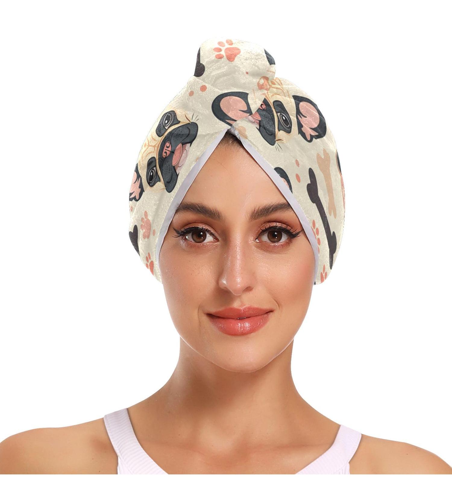 Dog Bones Footprint Hair Towel 2 Pack - Super Absorbent Quick Dry Hair Turbans for Women & Girls - Buy Online on GoSupps.com