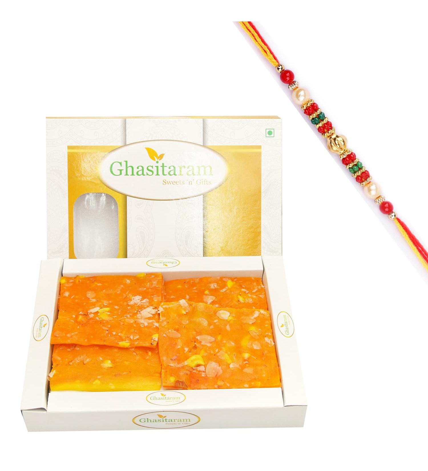 Ghasitaram Gifts Rakhi Gifts for Brothers Rakhi Sweets - Orange Ice Halwa (400 GMS) with Beads Rakhi - Buy Online on GoSupps.com