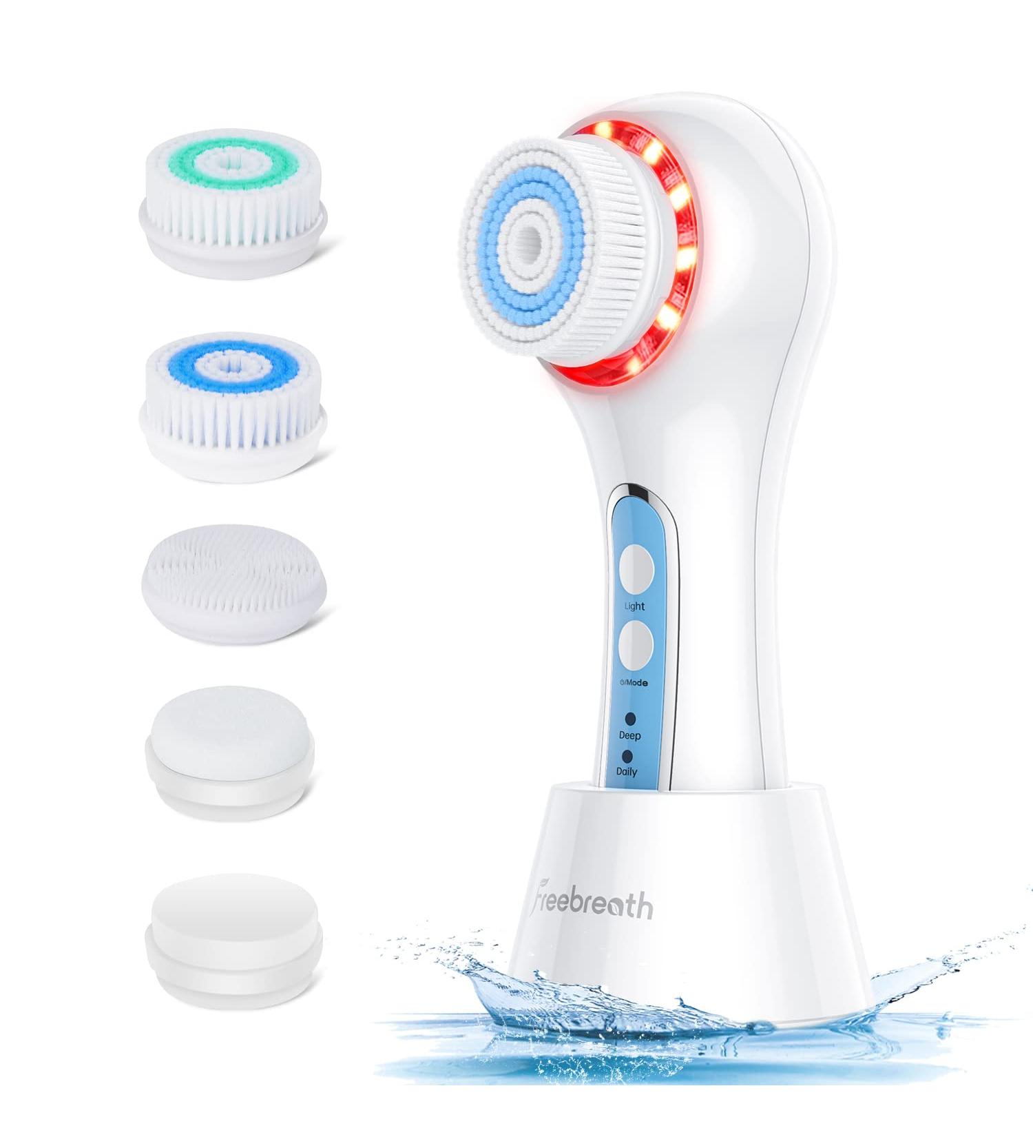 FreeBreath Facial Cleansing Brush | IPX7 Waterproof Face Scrubber | 3 Speed Modes | 5 Brush Heads | Remove Blackheads | Rechargeable | Light Blue - Buy Online on GoSupps.com