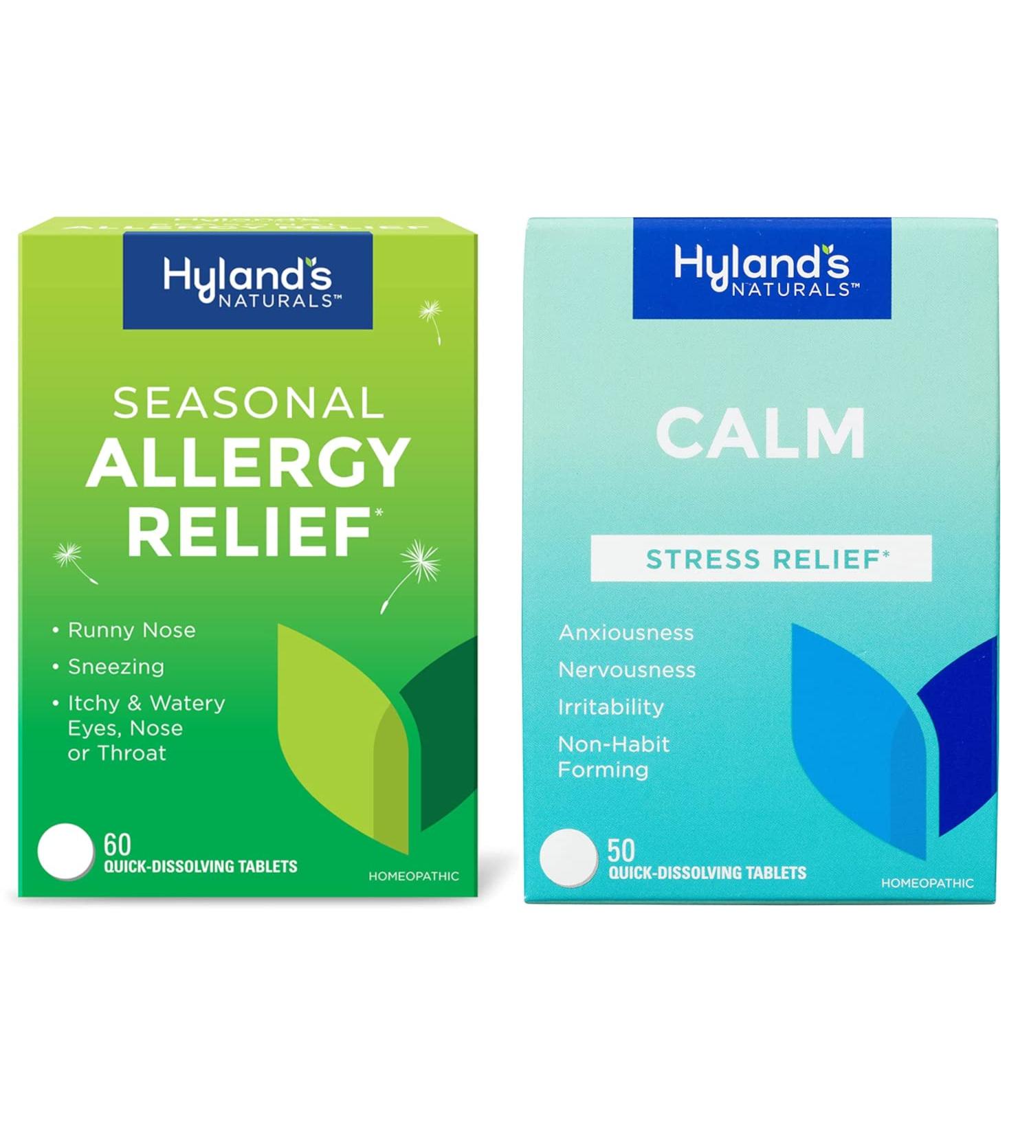 Hyland's Naturals Non-Drowsy Seasonal Allergy & Stress Relief Bundle - 60 CT Allergy Pills + 50 CT Calm Tablets - Buy Online on GoSupps.com