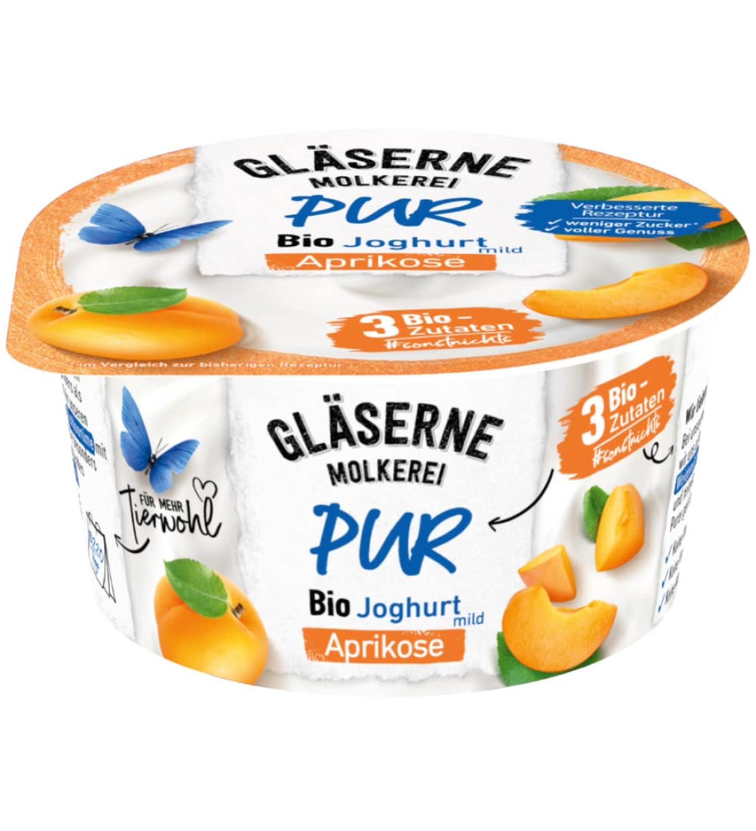 Glass dairy GM PUR organic yoghurt apricot (6 x 150 gr)