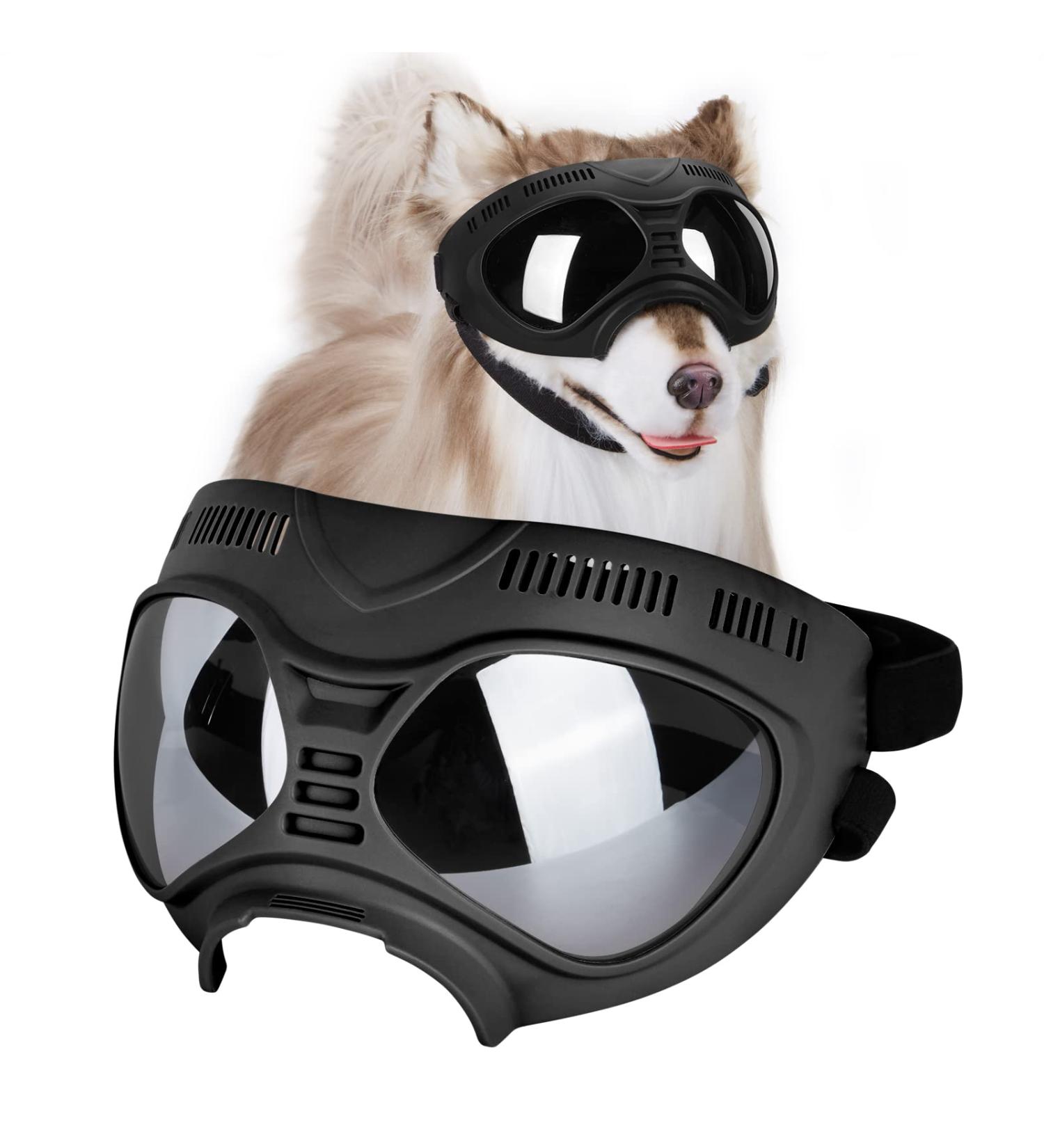 Ownpets Anti-UV Dog Glasses | Adjustable Sunglasses for Medium & Large Dogs | Windproof Design | Black Frame with Silver Lens - Buy Online on GoSupps.com