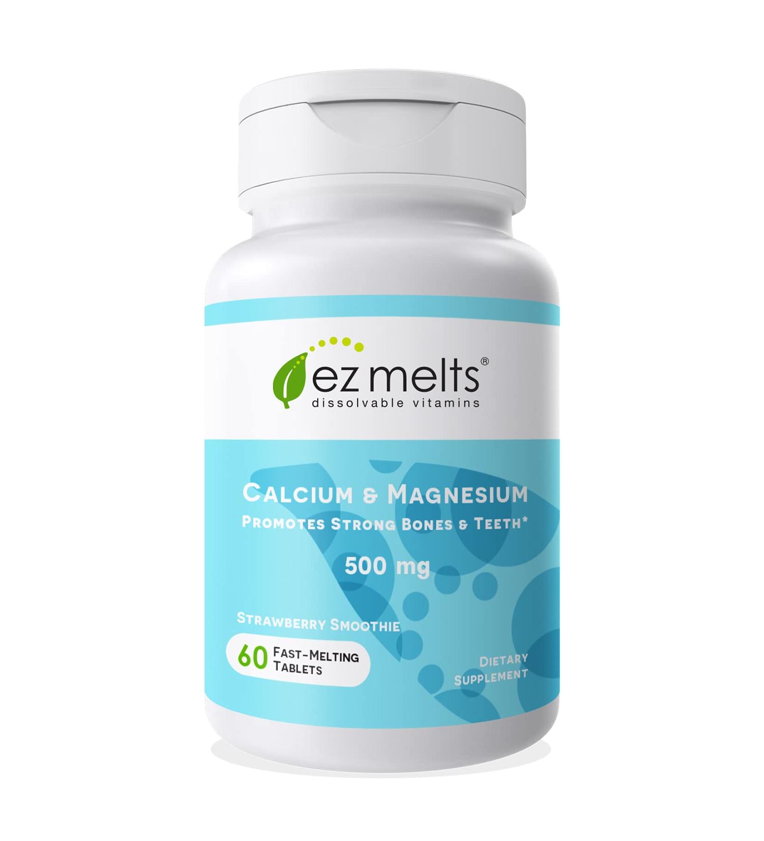 EZ Melts Calcium & Magnesium with Vegan D3 500mg | 60 Fast Dissolve Tablets | Natural Strawberry Flavor | Vegan Formula | Zero Sugar - Buy Online on GoSupps.com