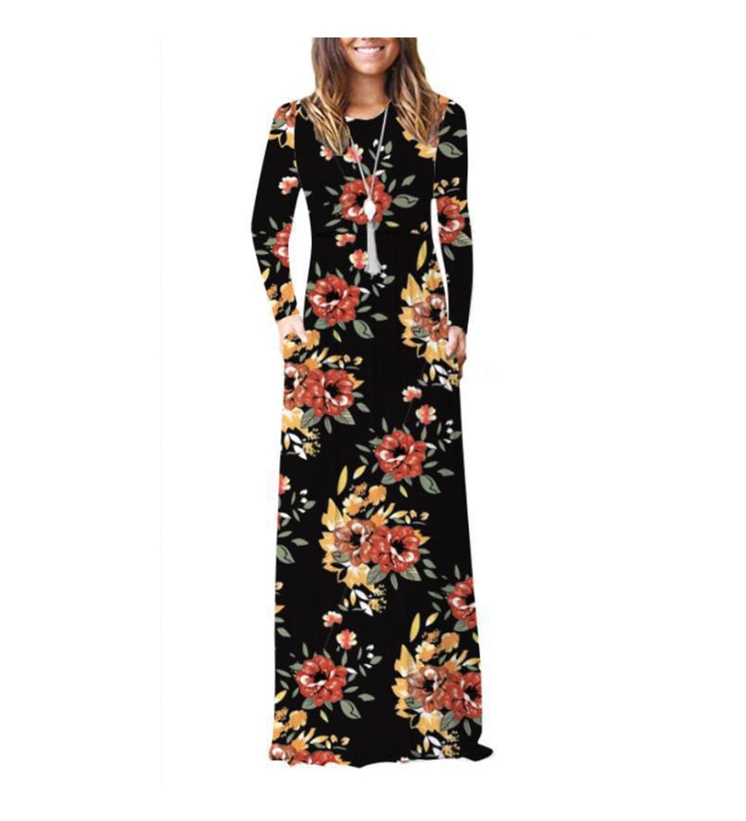 Buy Women's Casual Summer Long Sleeve Maxi Dress with Pockets - Yellow U-Neck Loose Swing Beach Dress - Buy Online on GoSupps.com