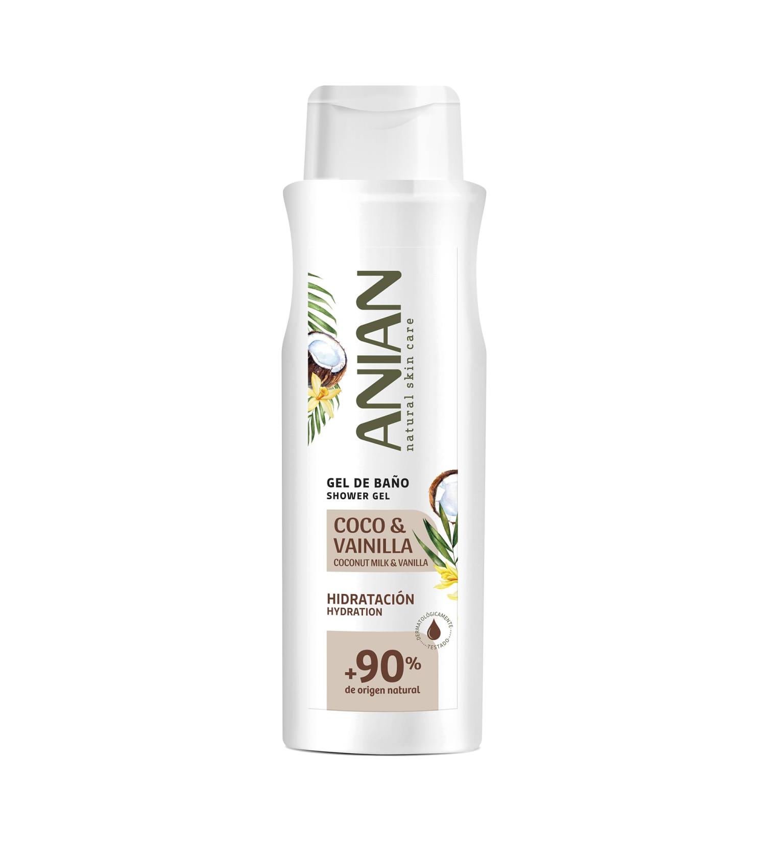 ANIAN ANIAN - Coconut and Vanilla Shower Gel 750 ml cleanses and moisturizes the skin nourishes without leaving a greasy feeling vanilla fragrance for all skin types 90% naturally derived ingredients