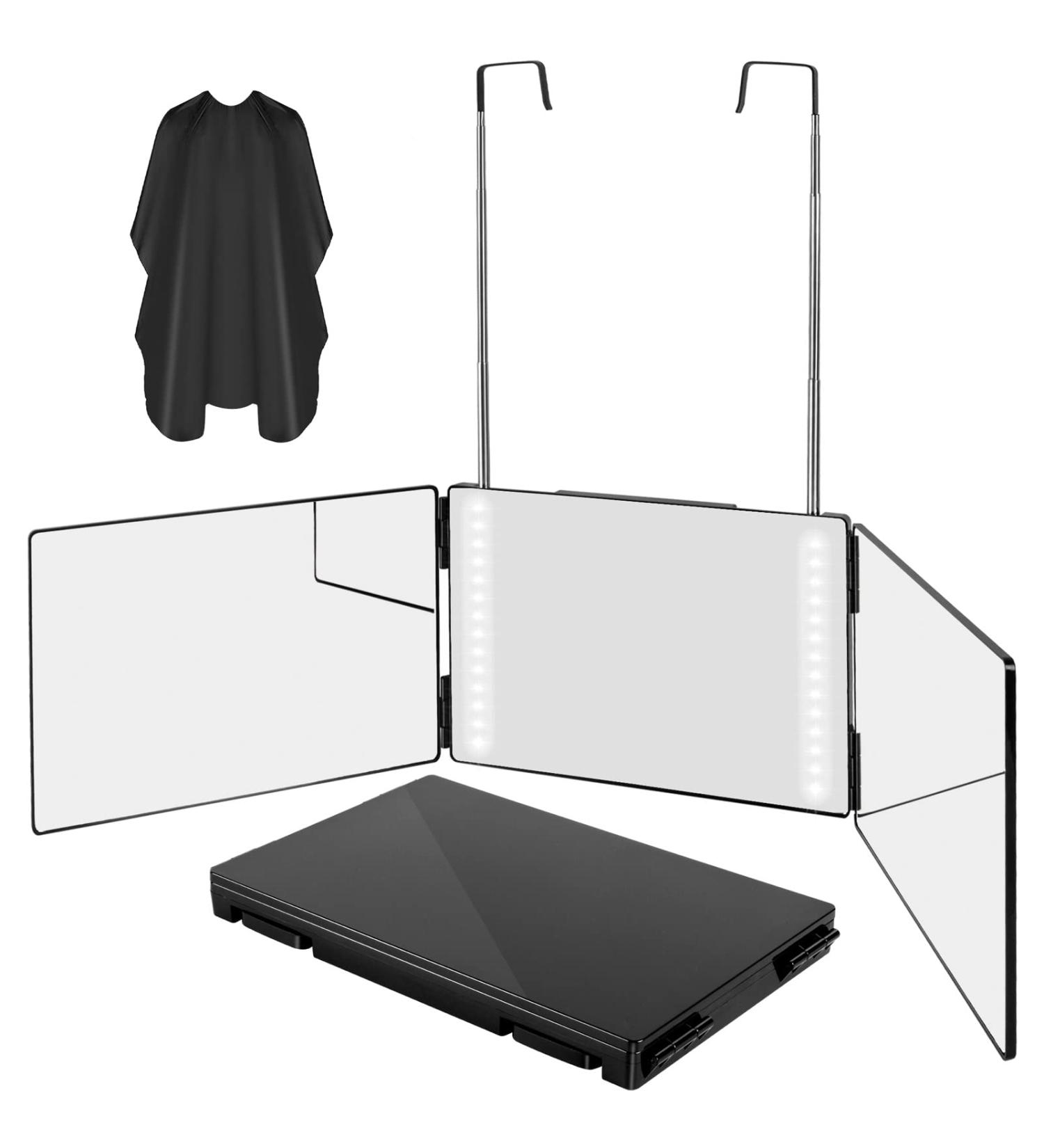 360 Haircuts Mirror with LED Lights for Self Hair Cutting - Tri Fold Mirror for Barber Use - Portable and Height Adjustable Hooks - Black - Buy Online on GoSupps.com