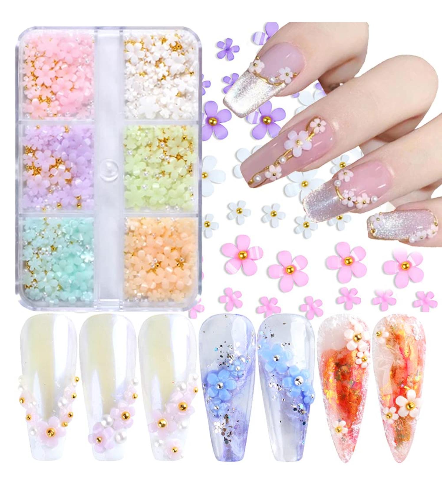3D Flower Nail Art Charms - 6 Grids Acrylic Flowers Rhinestones - Spring Nail Decorations with Pearls - DIY Manicure Supplies - Buy Online on GoSupps.com