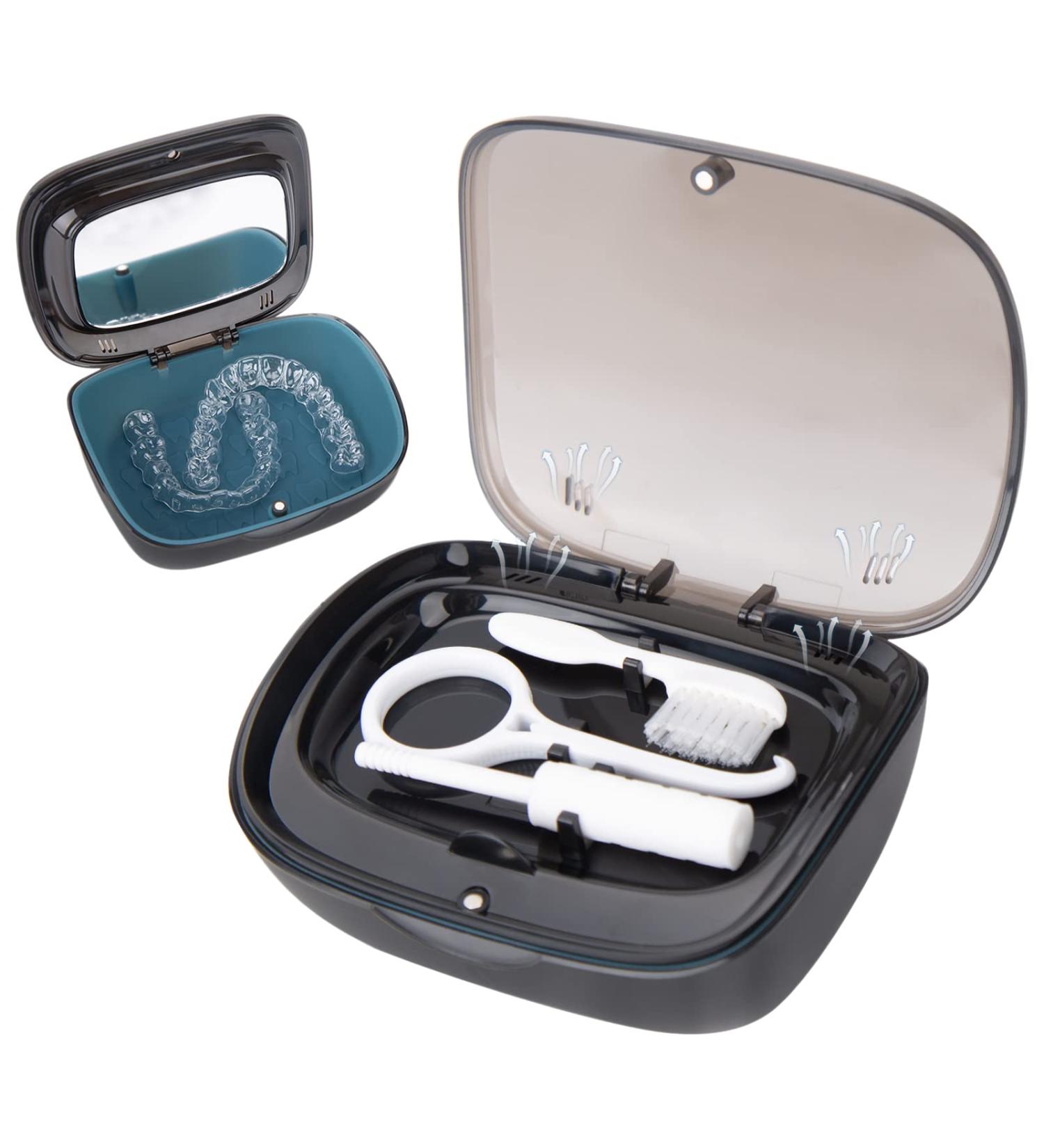 LdawyDE Denture Box Retainer Case Set - Denture Brush Chewies and Removal Tool Included - Mirror Attached for Convenience Black - Buy Online on GoSupps.com