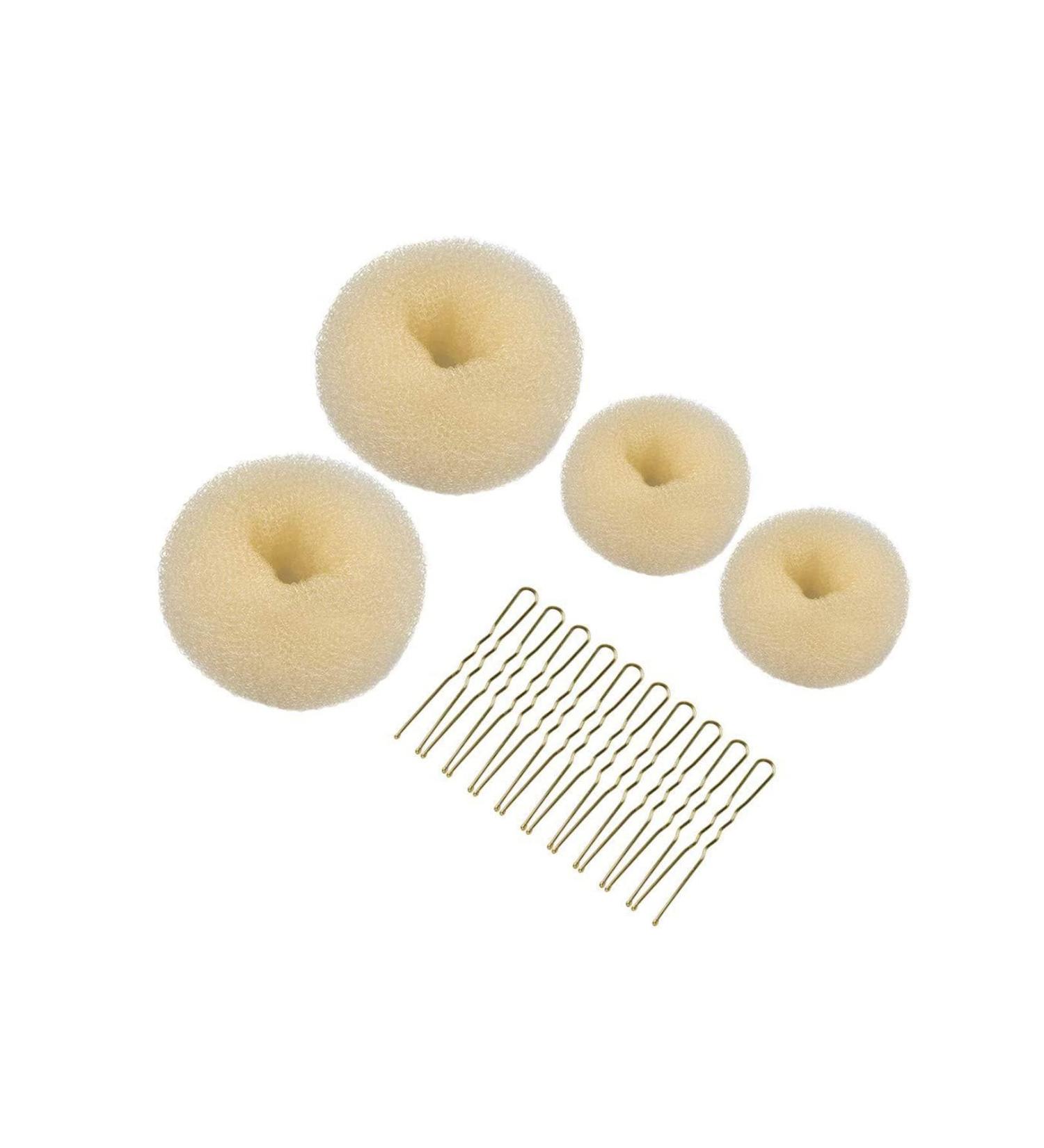 Hair Donut Bun Maker Set - 4 Pcs with 10 Hair Pins, 2 Sizes Doughnut Hair Bun Shaper for Chignon Style - Beige Hair Accessories for Girls and Kids - Buy Online on GoSupps.com