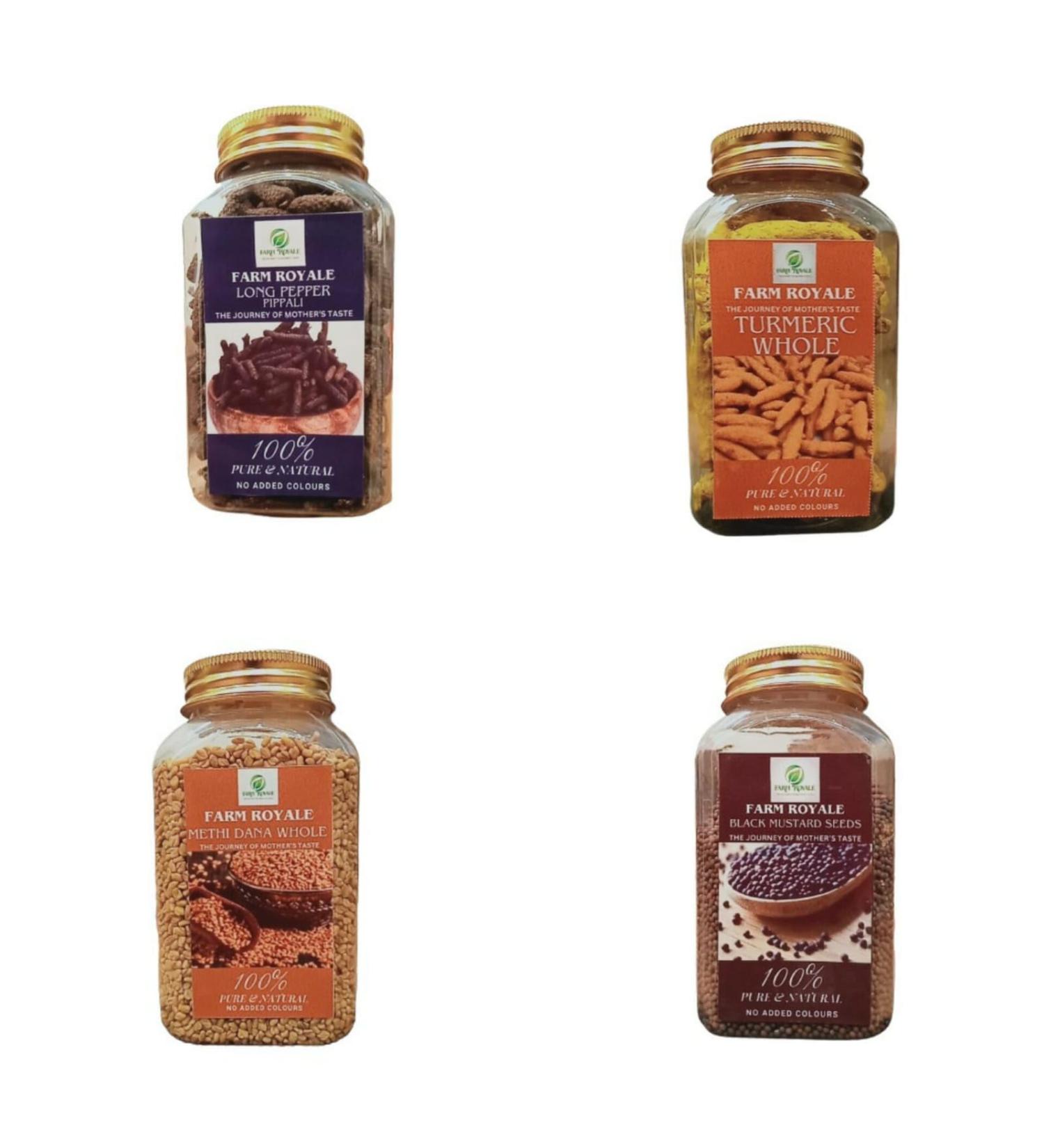 Farm Royale Spice combo||Long Pepper/Pippali Turmeric Whole Methi Dana Whole Black Mustard Beej ||(200gm 200gm 250gm 200gm)||100% Pure and Natural||Export Quality||Hand picked materrial
