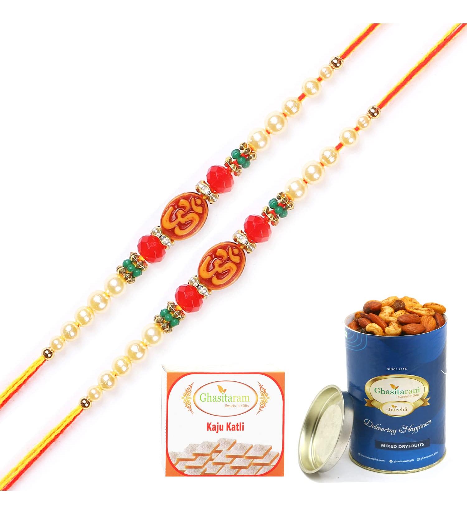 Ghasitaram Gifts Rakhis Online for Brother- Set of 2-6276 Rakhi Thread with 100 GMS of Dryfruits Mix Can 200 GMS of Kaju katli 2 Rakhi & 100g Dryfruits Mix Can 200g Kaju katli - Buy Online on GoSupps.com