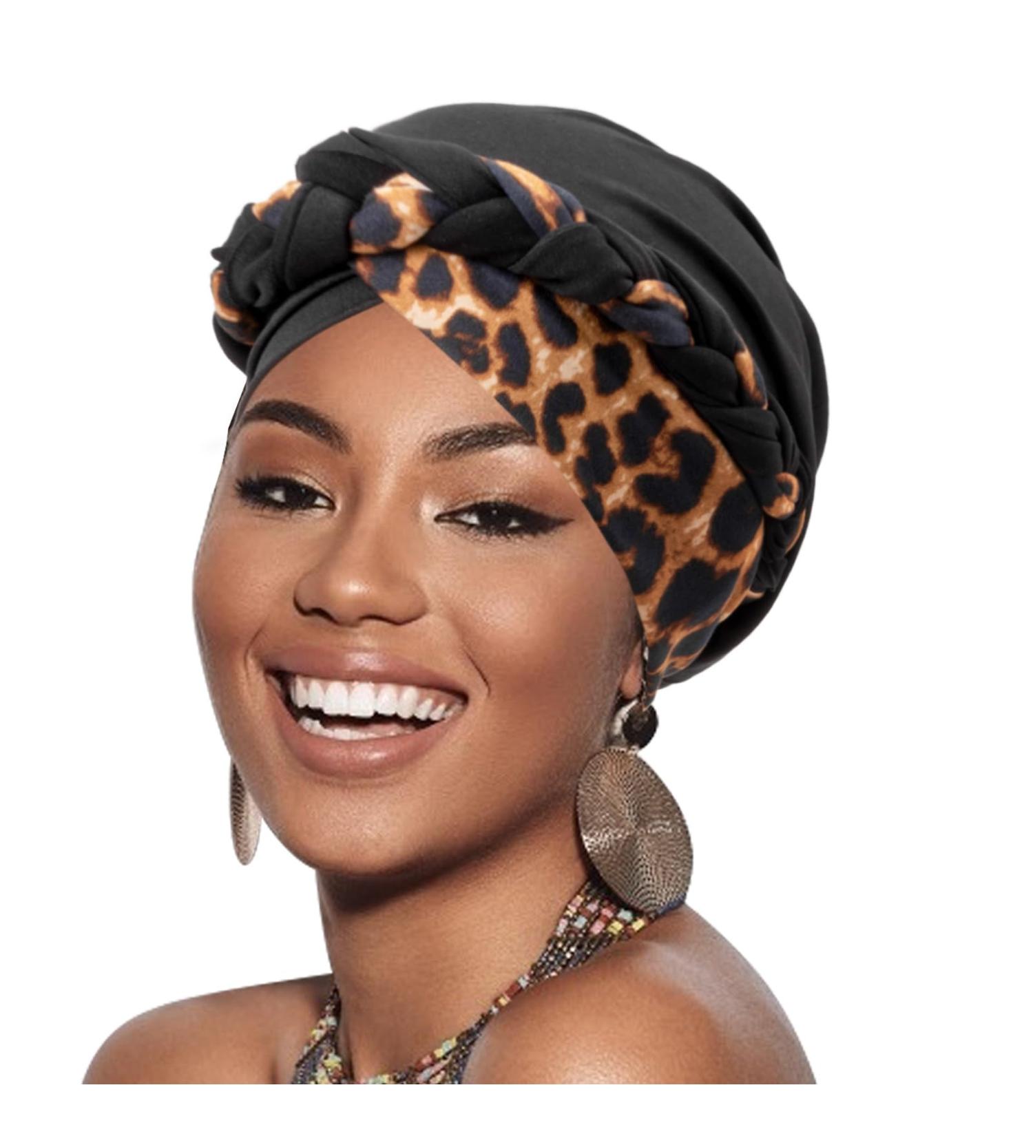 Dreshow African Women Turban Braid Headscarf - Black Leopard Print Chemo Cap & Sleeping Wrap - Buy Online on GoSupps.com