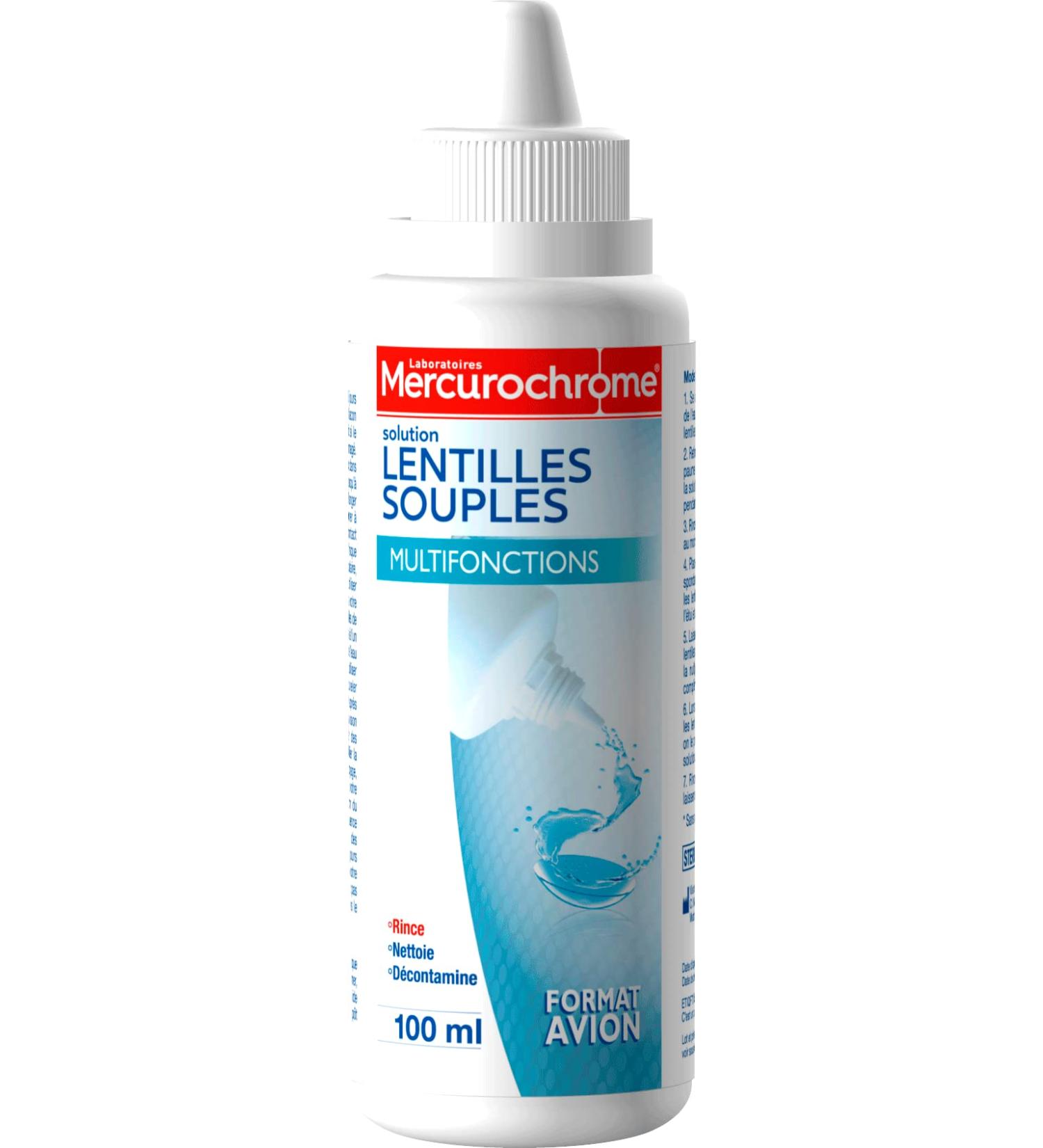 MERCUROCHROME Solution Lentilles Souples Multifonctions - Rince Nettoie et D contamine - Entretien Journalier - Format Voyage Adapt l'avion 100mL