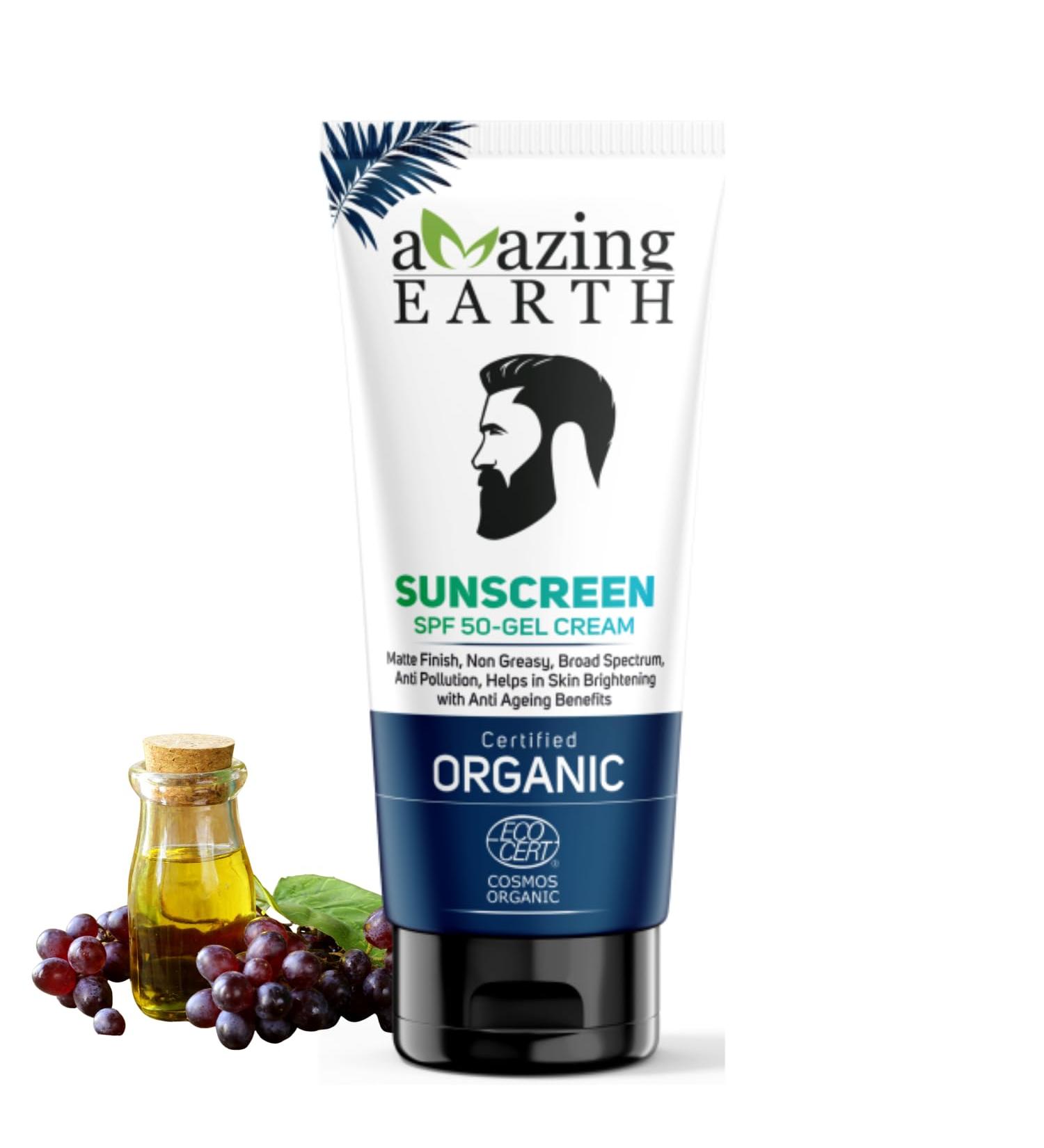 AMAzing EARTH Sunscreen SPF 50 Gel Cream | Organic Matt Finish Skin Brightening & Anti-Aging | No Parabens - 100gm - Buy Online on GoSupps.com