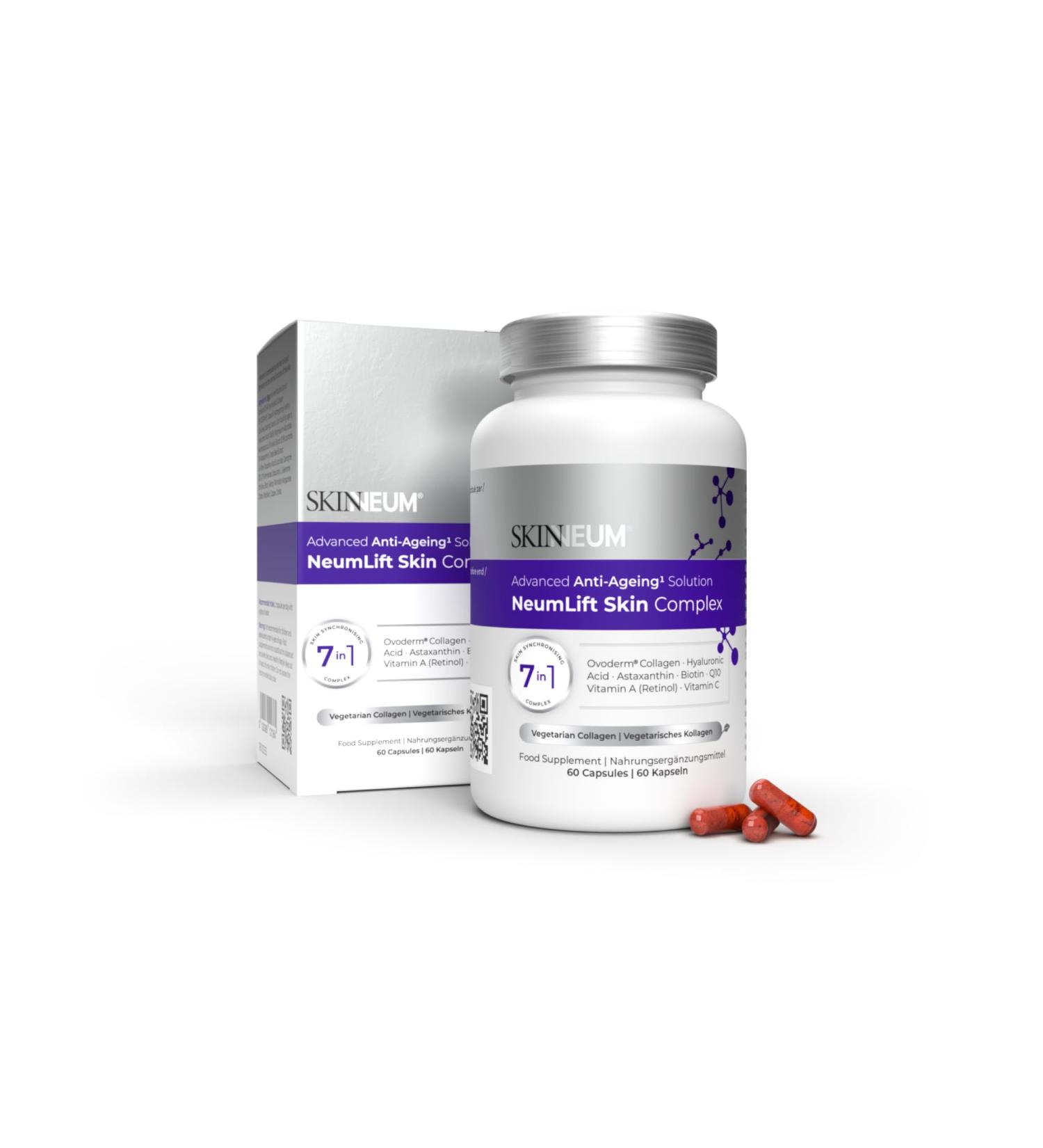 Ovoderm Anti Aging Complex + Hydrolyzed Collagen 300mg (Type I V X) | with Hyaluronic Acid 100 mg Retinol (Vitamin A) Biotin Vitamin C Q10 SKINNEUM NeumLift Skin Complex (60 Capsules) - Buy Online on GoSupps.com