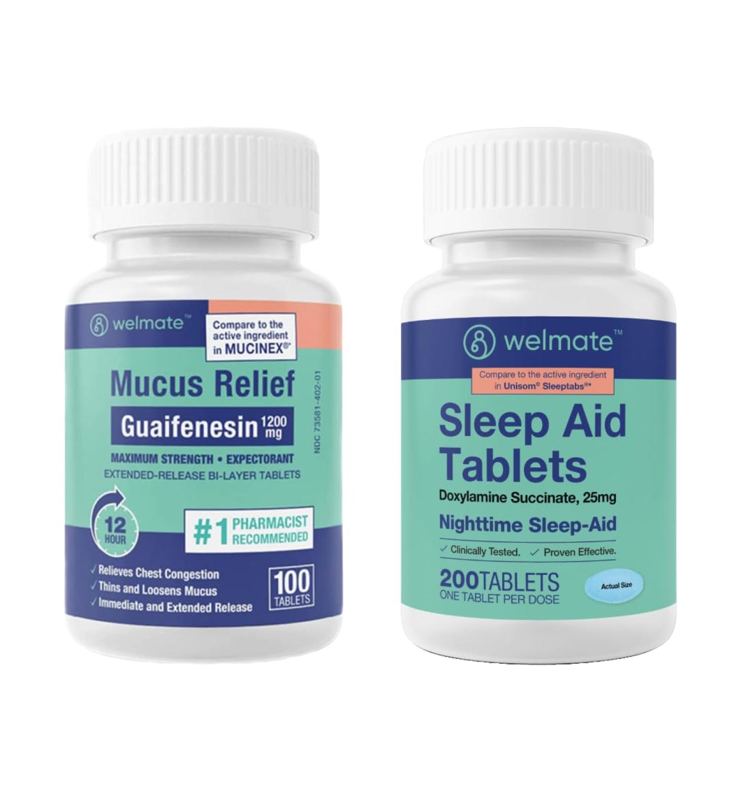 WELMATE Nighttime Wellness Bundle: Maximum Strength Guaifenesin 1200mg Mucus Relief (100 Ct) & Doxylamine Succinate 25mg Sleep Aid (200 Ct) | Extended Relief for Restful Sleep - Buy Online on GoSupps.com