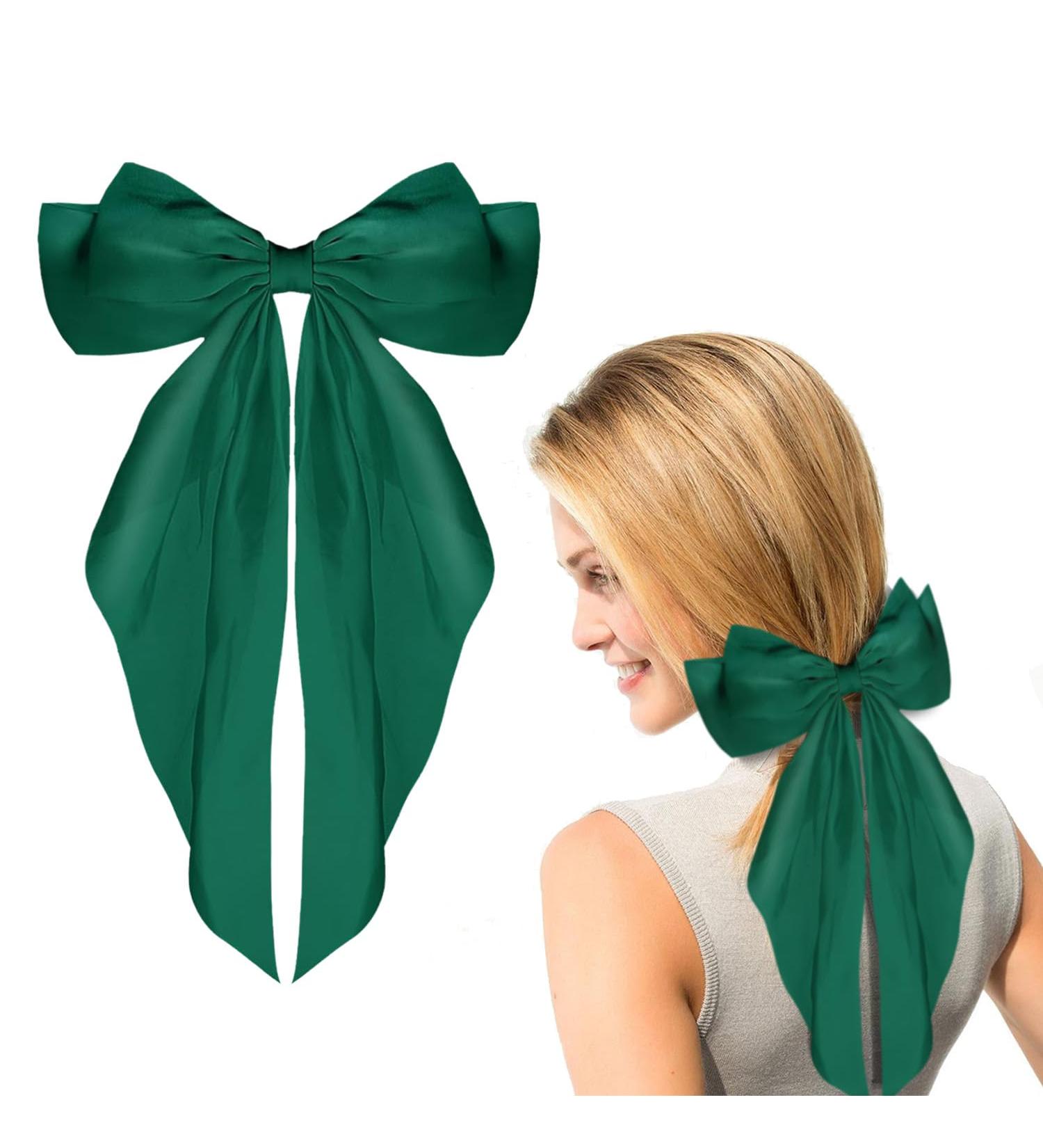 HundoPony Hair Bow Long Tail Soft Silky Satin Bowknots with Metal Clips Barrettes Hair Clips for Girls Women Stylish French Ribbon Hairpin Green - Buy Online on GoSupps.com