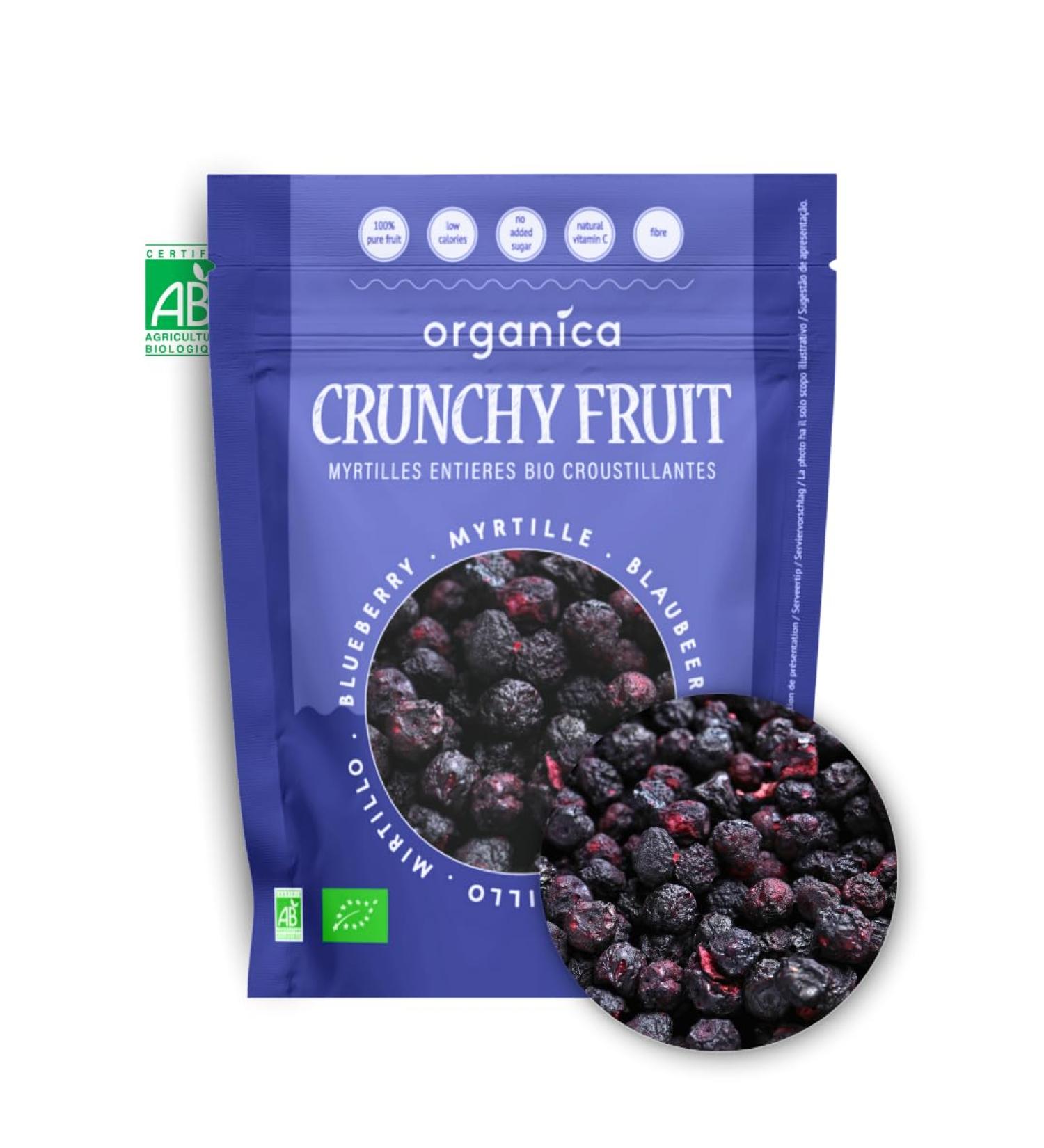 Organica Food Crunchy Myrtilles lyophilis es Bio 100% fruit Sachet refermable 16 g snack croustillant vegan sans sucre ajout 16g
