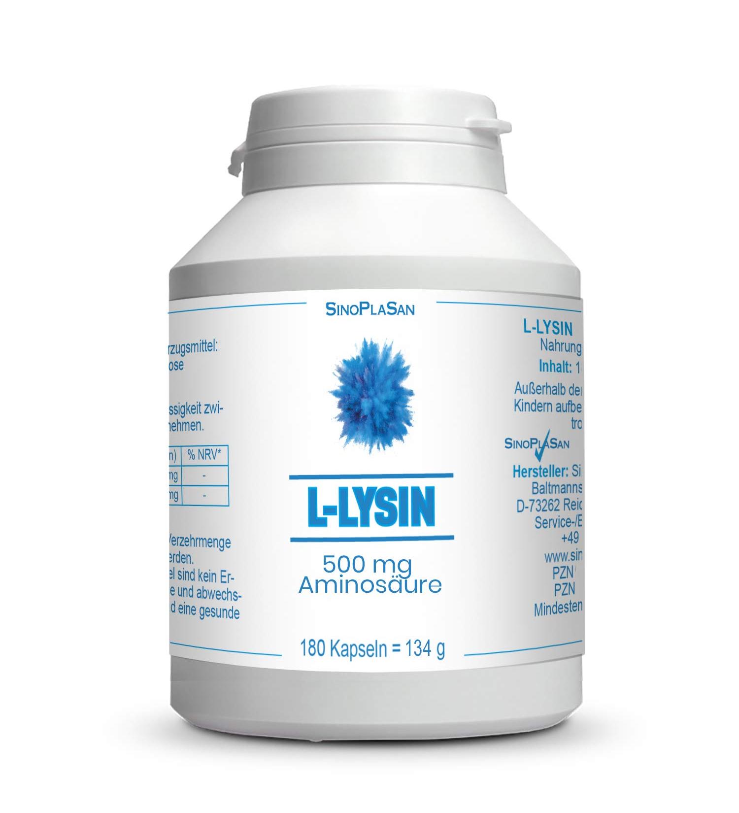 Buy L-Lysine 500 mg Amino Acid Capsules | 180 Natural Vegan Capsules | SinoPlaSan - Boost Immune Health & Support - Buy Online on GoSupps.com