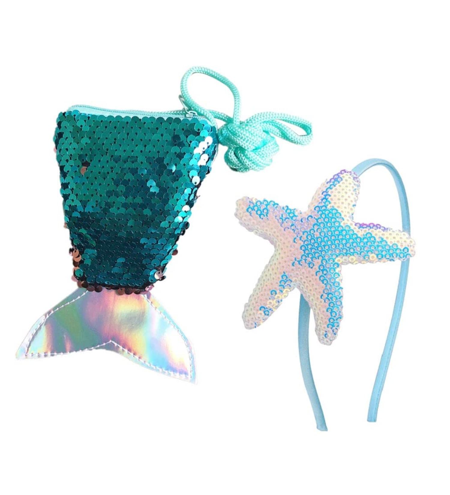 Sequin Mermaid Crossbody Purse with Coin and Starfish Headbands in Blue - Buy Online on GoSupps.com