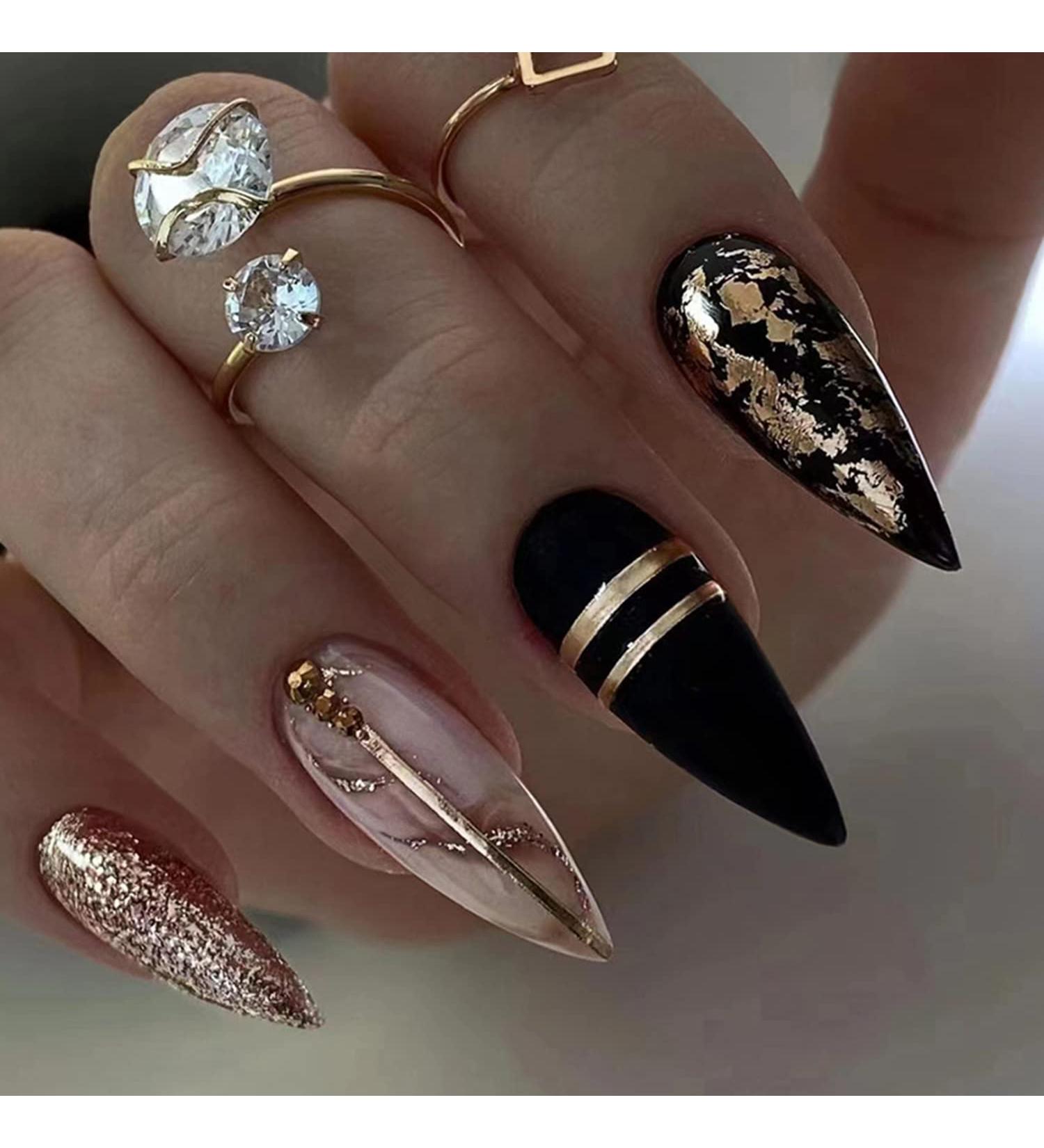 Medium Black Marble Press on Nails with Gold Foil Glitter - Glossy False Nails for Women and Girls - Buy Online on GoSupps.com