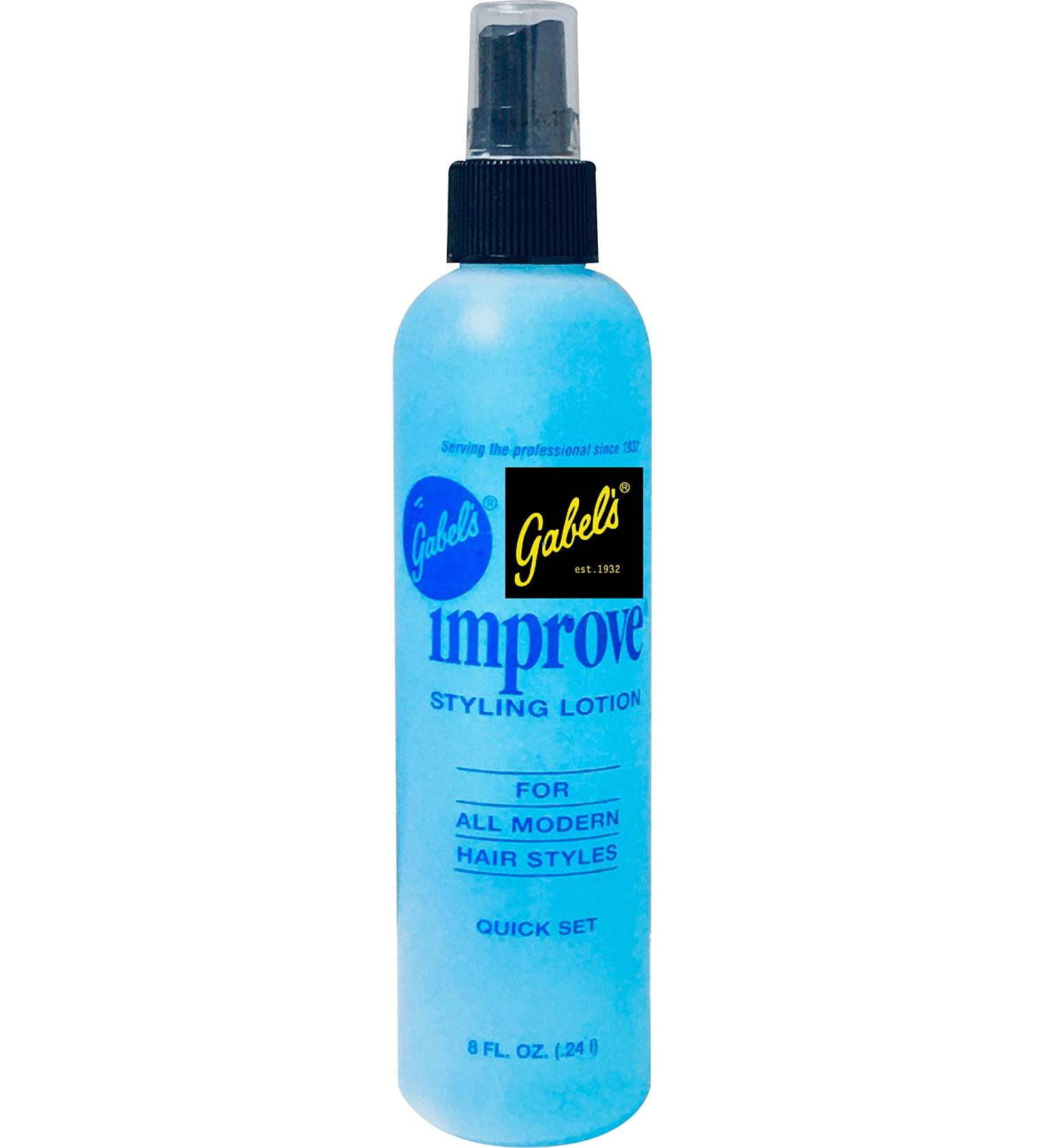 Improve Gabel s Styling Lotion/Hair Spray (8oz) Quick Set (Blue-Light Hold) Authentic Gabel's Manufacturer Direct has Gabel's logo in black label on the bottle Blue 8oz