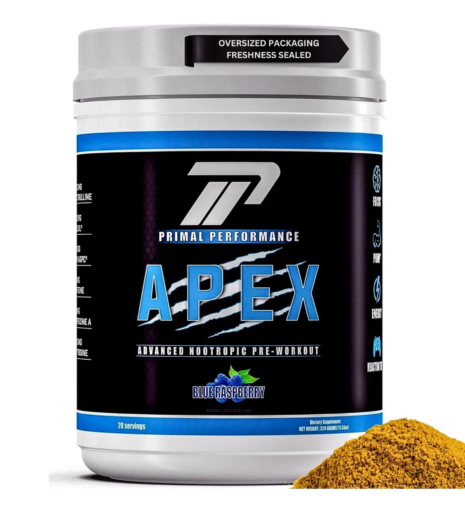 Primal Performance Apex Energy & Focus Pre-Workout Powder Nootropic Brain Support for Men & Women with L-Citrulline Alpha-GPC L-Tyrosine Beta Alanine Clean Energy - Muscle Pump - Buy Online on GoSupps.com