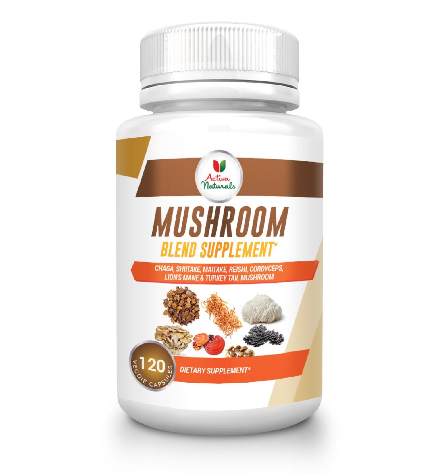 Activa Naturals Mushroom Supplement - 120 Veggie Capsules with Turkey Tail, Reishi, Lion's Mane, Maitake, Cordyceps, Chaga, Shiitake Mushrooms - Buy Online on GoSupps.com