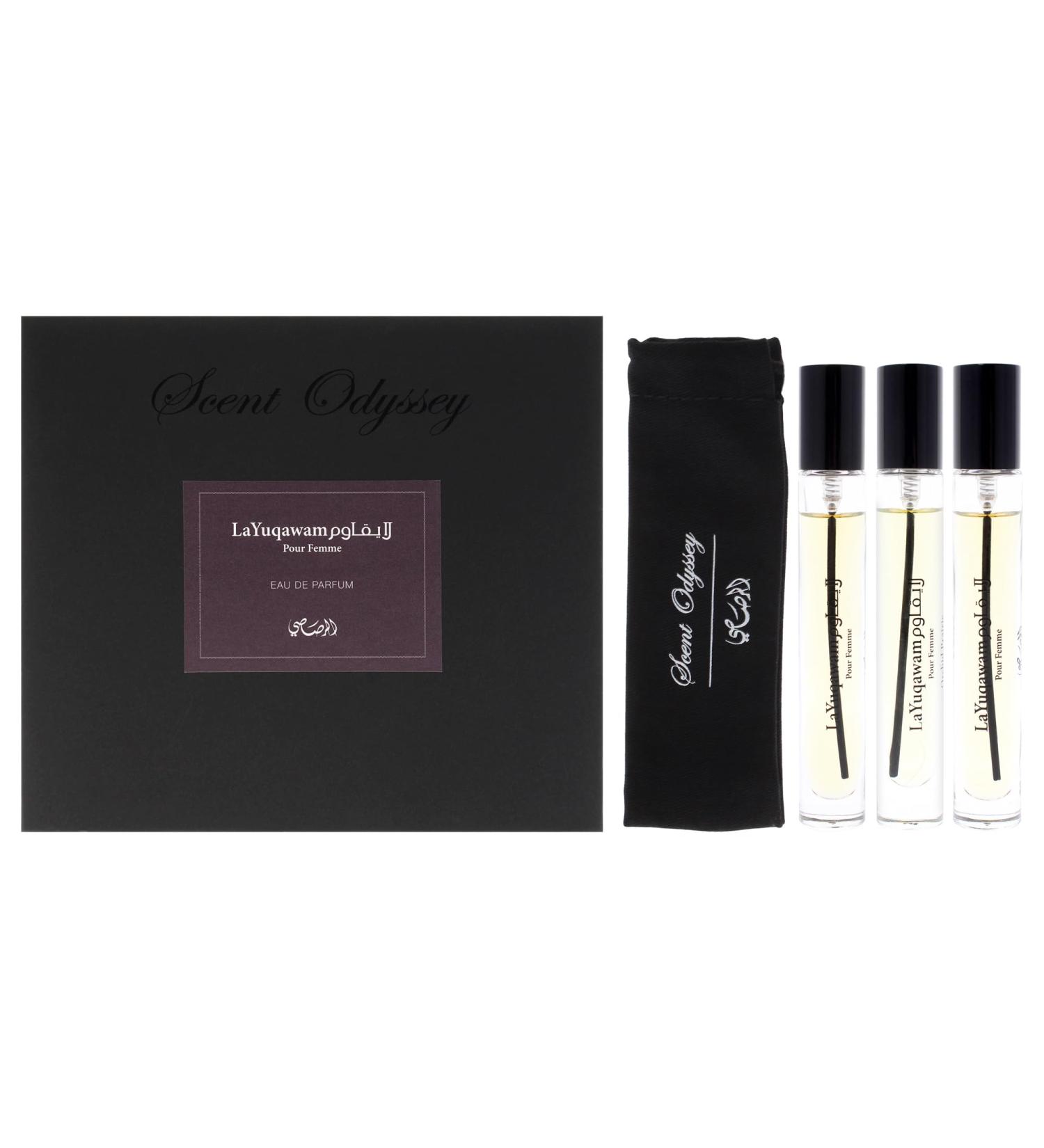 Rasasi Scent Odyssey - La Yuqawam for Women - 3 Pc Mini Gift Set 0.25oz LaYuqawam Pour Femme EDP Spray 0.25oz Jasmine Wisp EDP Spray 0.25oz Orchid Prairie EDP Spray - Buy Online on GoSupps.com