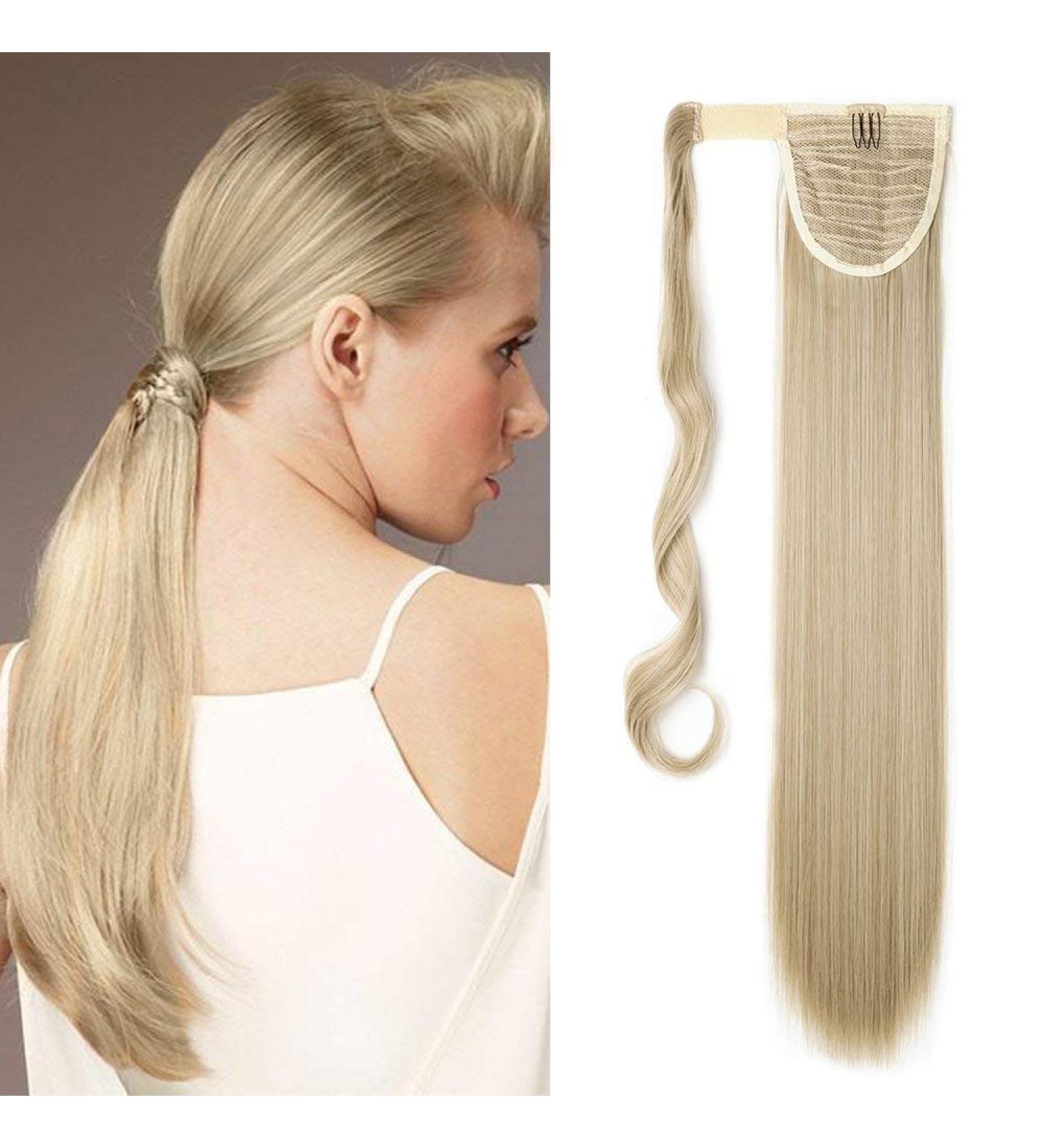 26" Wrap Around Ponytail Clip In Hair Extensions Straight Silky One Piece Long Hairpiece For Women Beauty - Ash Blonde Mix Bleach Blonde(66CM-100G) - Buy Online on GoSupps.com