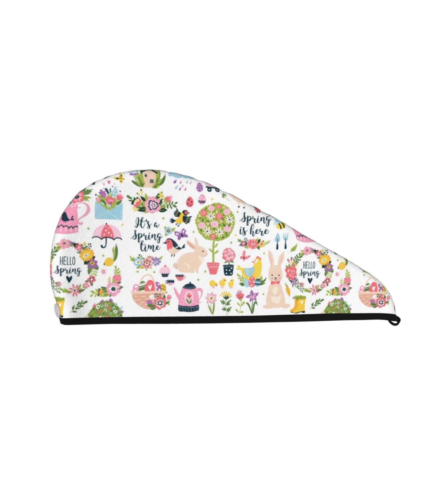 Hair Towel Wrap - Quick Drying Hair Turban with Button | Spring Flowers & Birds Design - Buy Online on GoSupps.com
