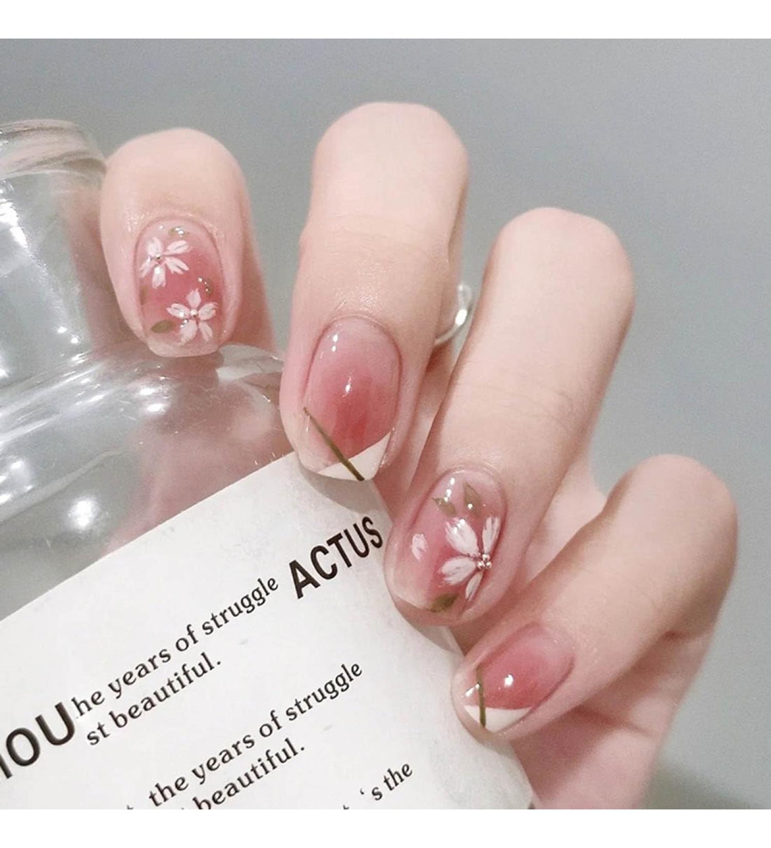 SINLOV Medium Long Square Fake Nails Pink Flower French False Nail Glossy Full Cover False Nails Press on Nails for Women and Girls - Buy Online on GoSupps.com
